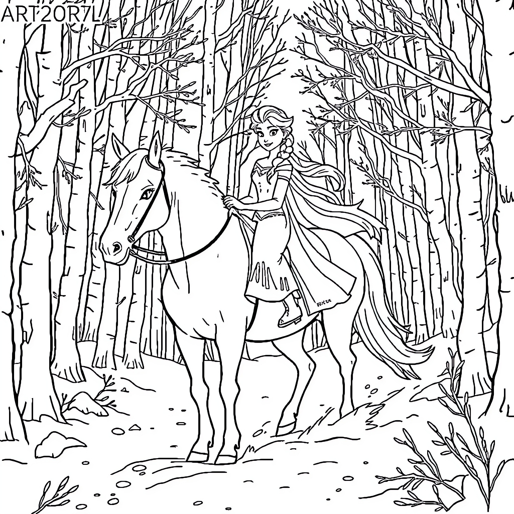 Elsa's Enchanted Forest Adventure Coloring Page (free black-and-white line drawing printable PDF for all, from beginners to advanced learners, including children, teens, adults, and seniors)