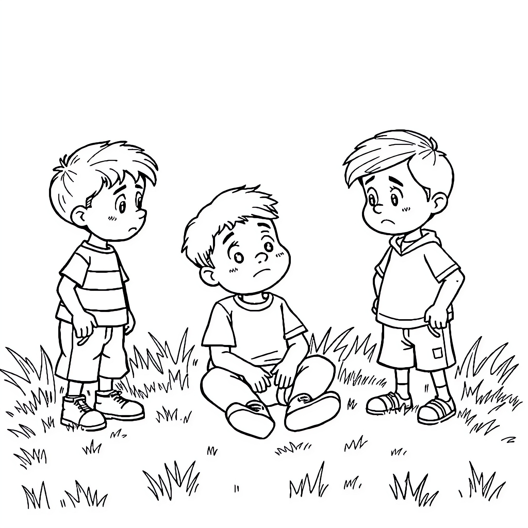Kid friends playing on the lawn Coloring Page (free black-and-white line drawing printable PDF for all, from beginners to advanced learners, including children, teens, adults, and seniors)