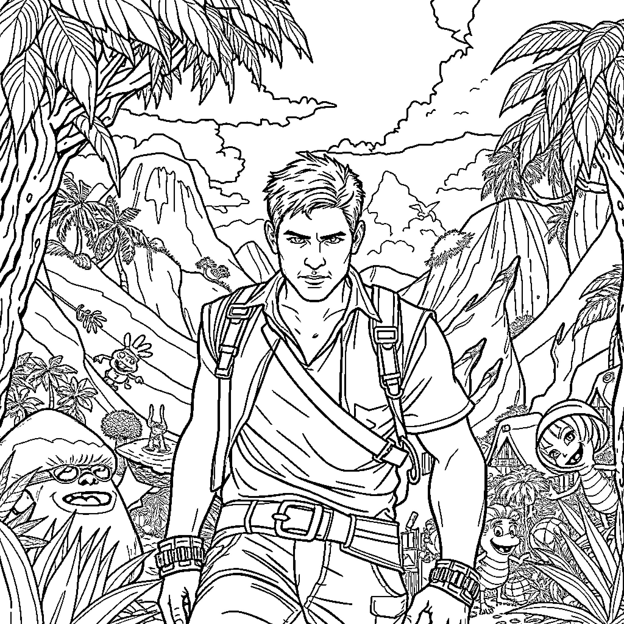 Nathan Drake's Adventurous Jungle Exploration Coloring Page (free black-and-white line drawing printable PDF for all, from beginners to advanced learners, including children, teens, adults, and seniors)
