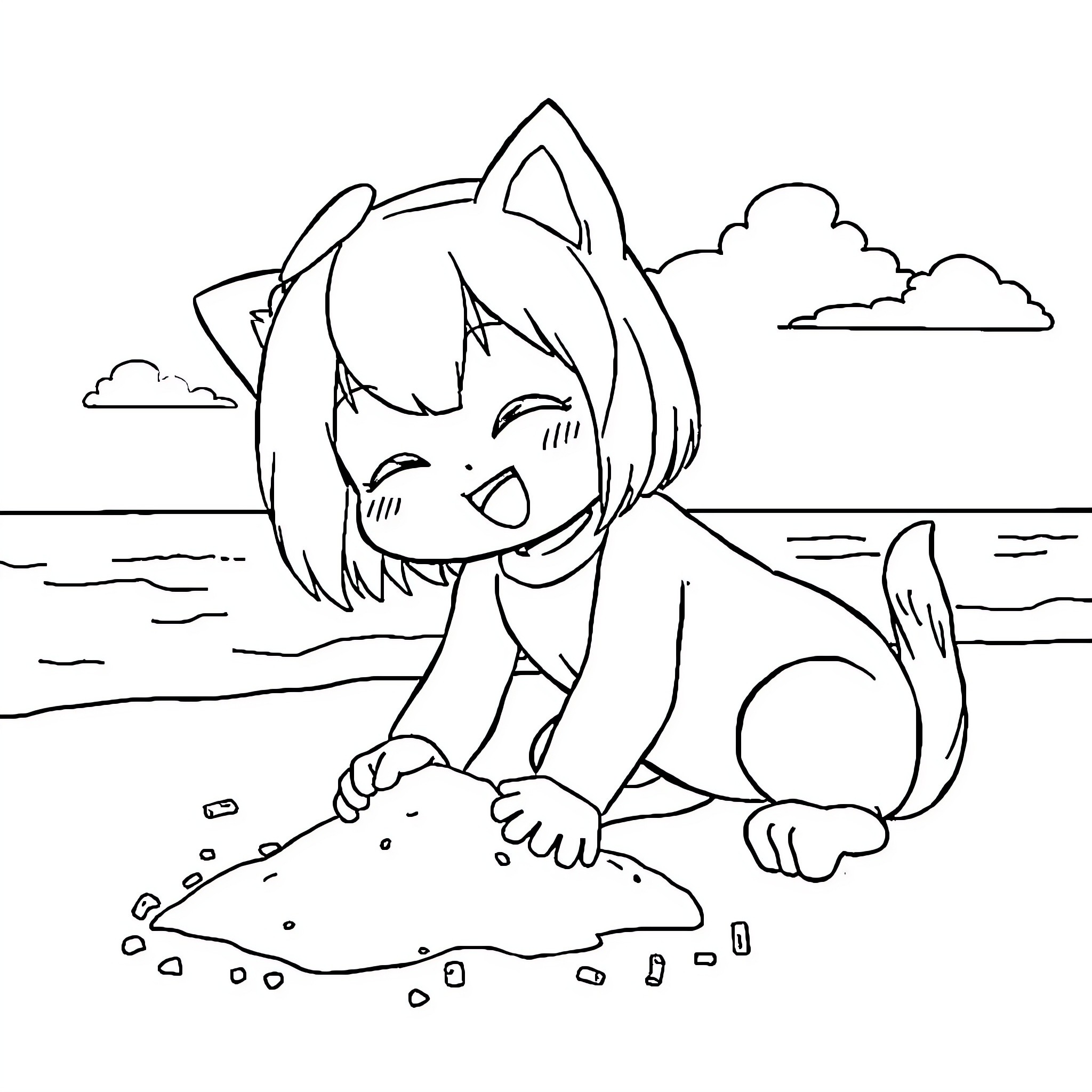 Kuromi playing happily in the sand by the beach Coloring Page (free black-and-white line drawing printable PDF for all, from beginners to advanced learners, including children, teens, adults, and seniors)