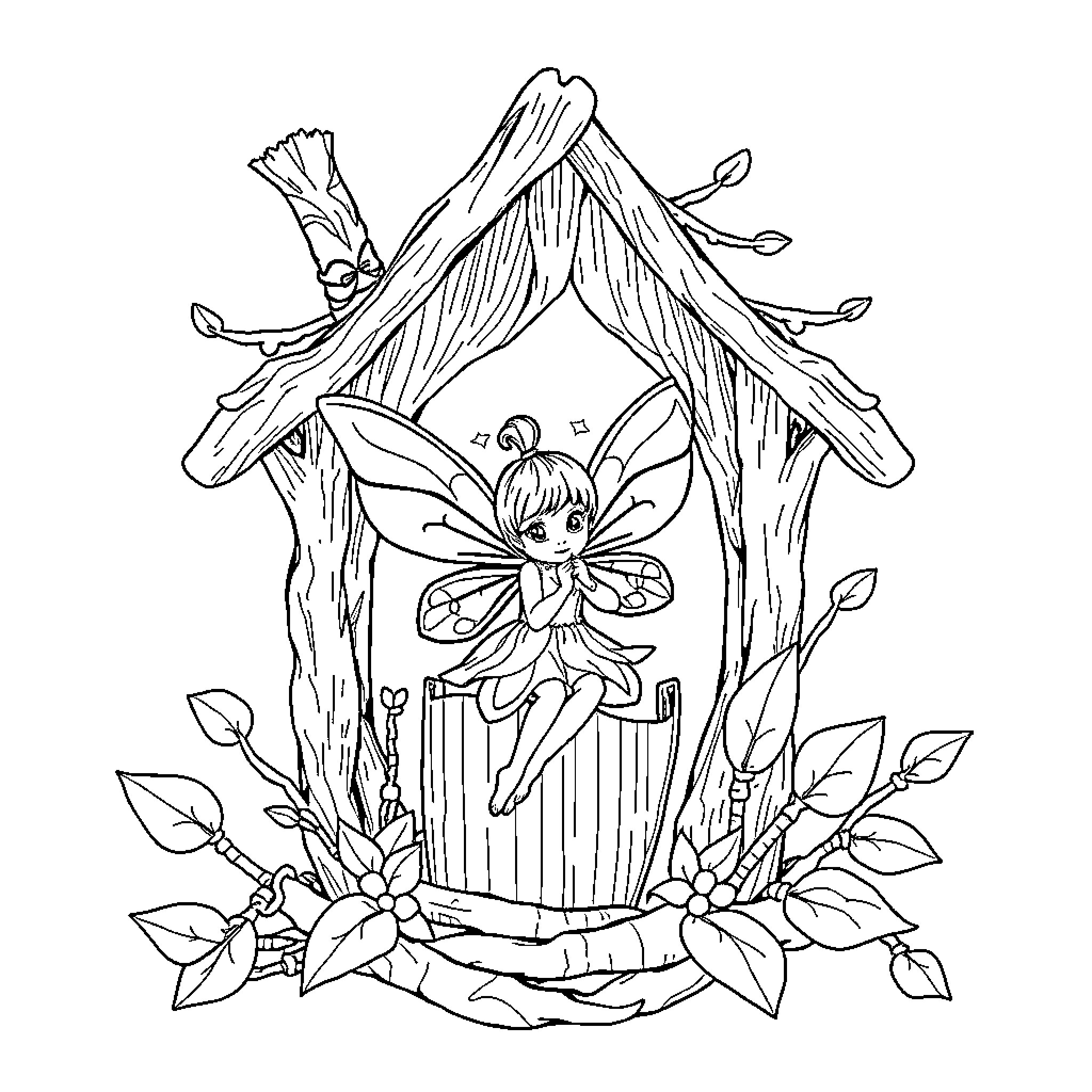 Fairy Resting in a Whimsical Forest Dwelling Coloring Page (free black-and-white line drawing printable PDF for all, from beginners to advanced learners, including children, teens, adults, and seniors)