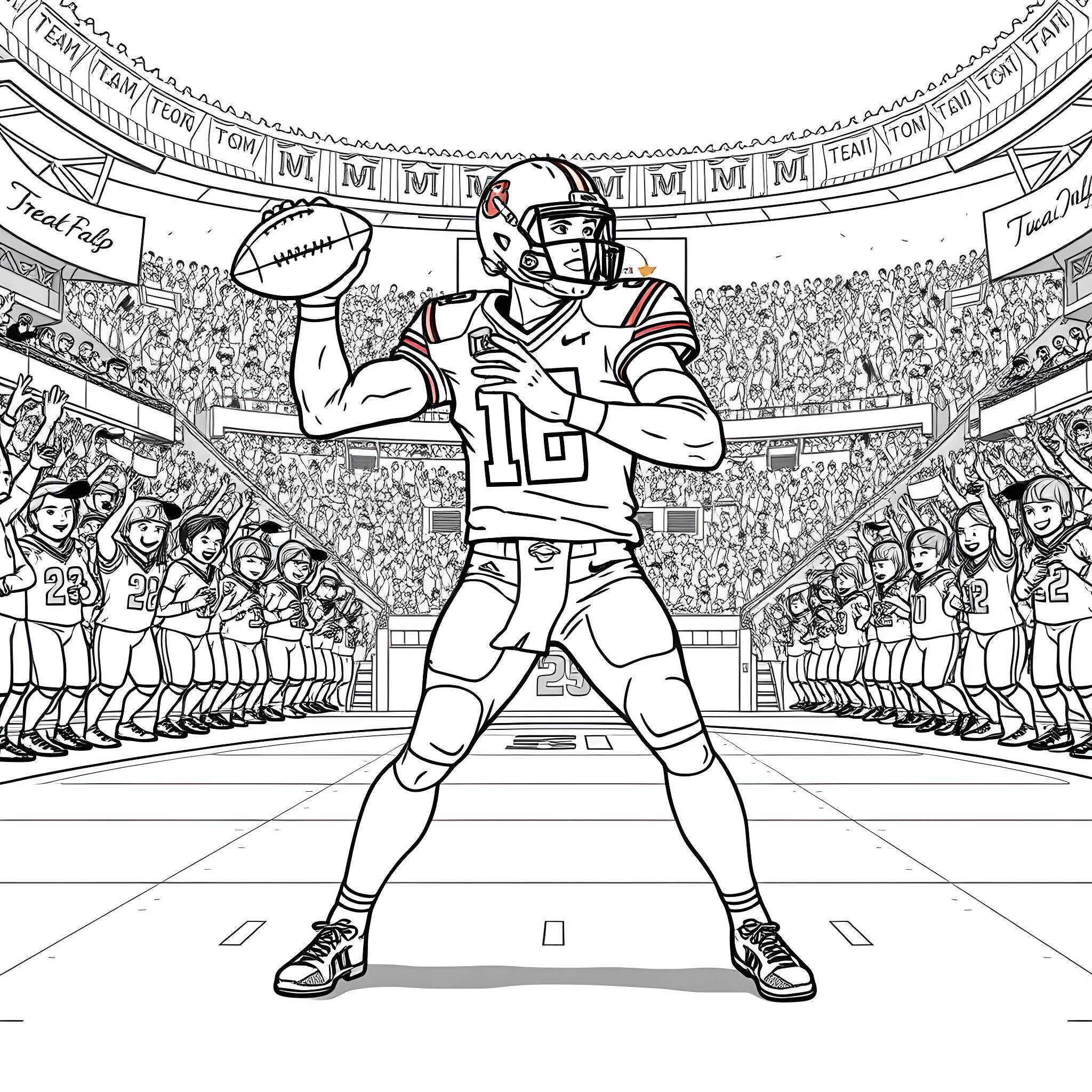 Jalen Hurts in Competitive Football Action Coloring Page (free black-and-white line drawing printable PDF for all, from beginners to advanced learners, including children, teens, adults, and seniors)