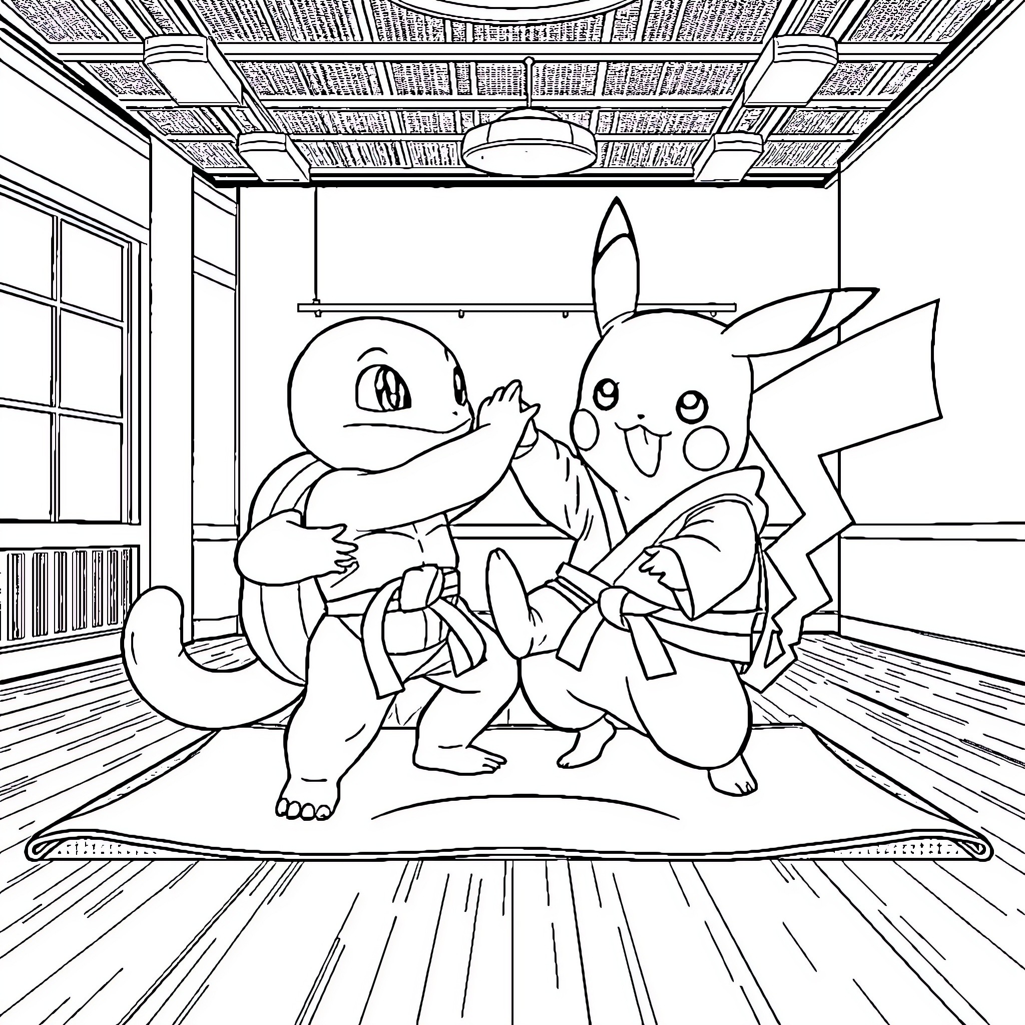 Squirtle characters in an animated room Coloring Page (free black-and-white line drawing printable PDF for all, from beginners to advanced learners, including children, teens, adults, and seniors)
