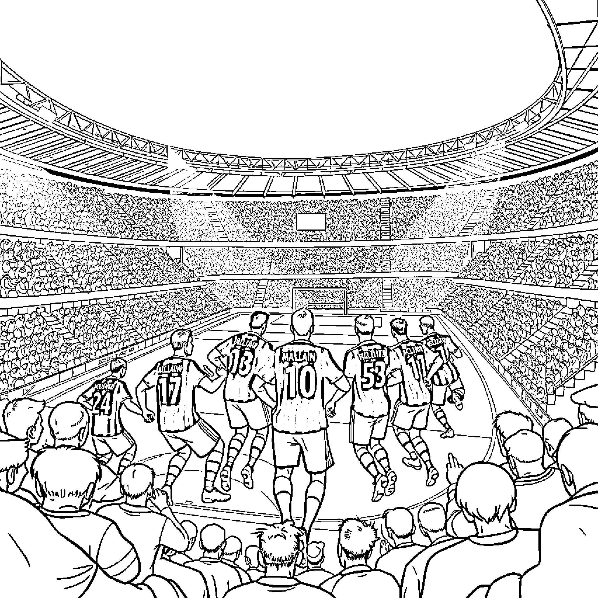 AC Milan players celebrate victory on the pitch Coloring Page (free black-and-white line drawing printable PDF for all, from beginners to advanced learners, including children, teens, adults, and seniors)