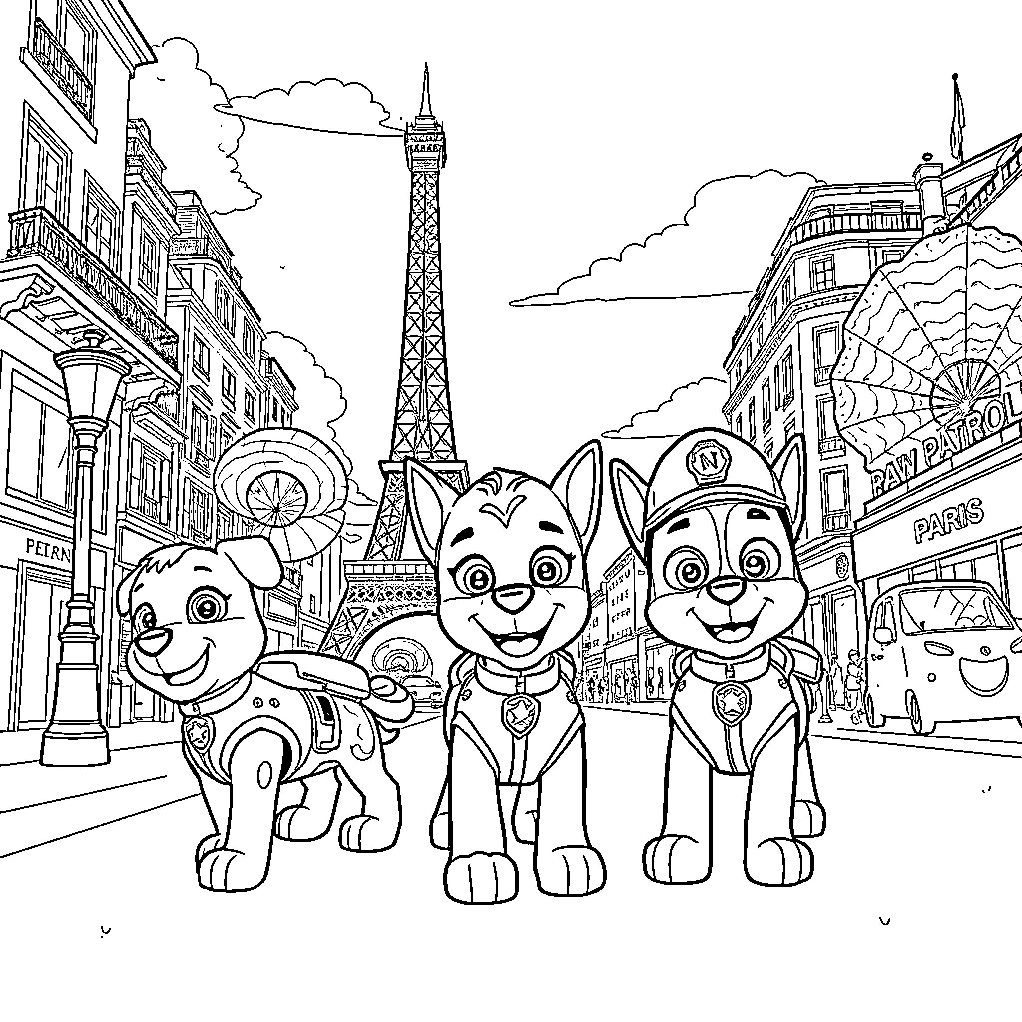 Paw Patrol Exploring the Sights of Paris Coloring Page (free black-and-white line drawing printable PDF for all, from beginners to advanced learners, including children, teens, adults, and seniors)