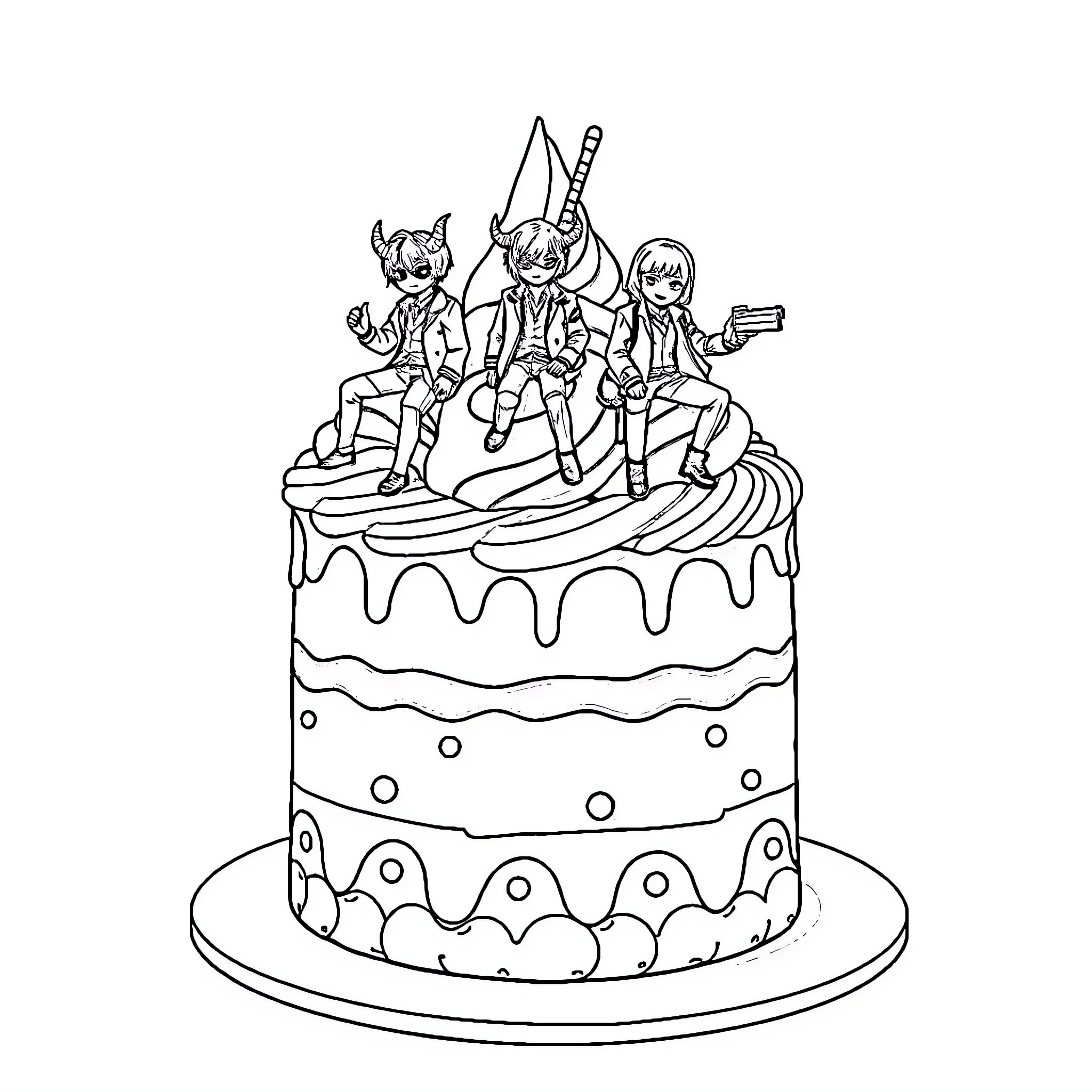 Ice Cream Cake with Cartoon Characters Celebrating Coloring Page (free black-and-white line drawing printable PDF for all, from beginners to advanced learners, including children, teens, adults, and seniors)