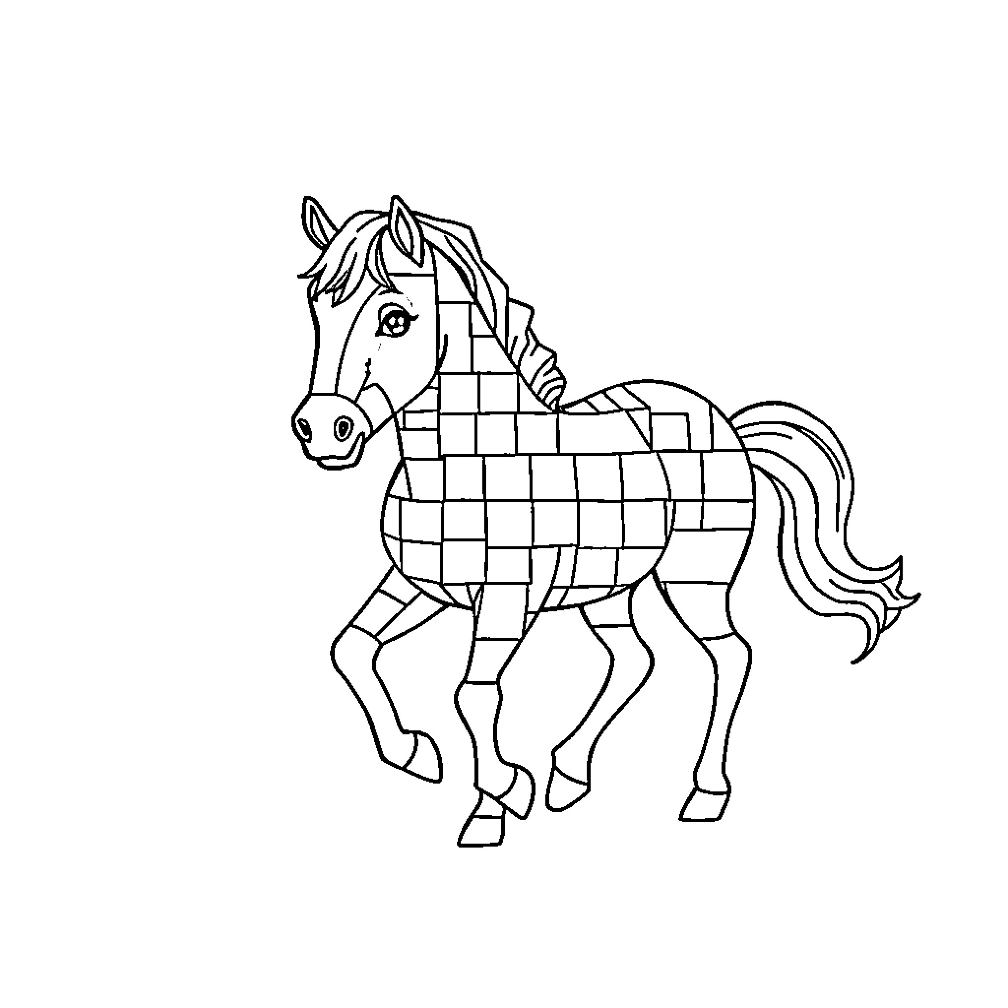 Horse with checkered pattern walking Coloring Page (free black-and-white line drawing printable PDF for all, from beginners to advanced learners, including children, teens, adults, and seniors)