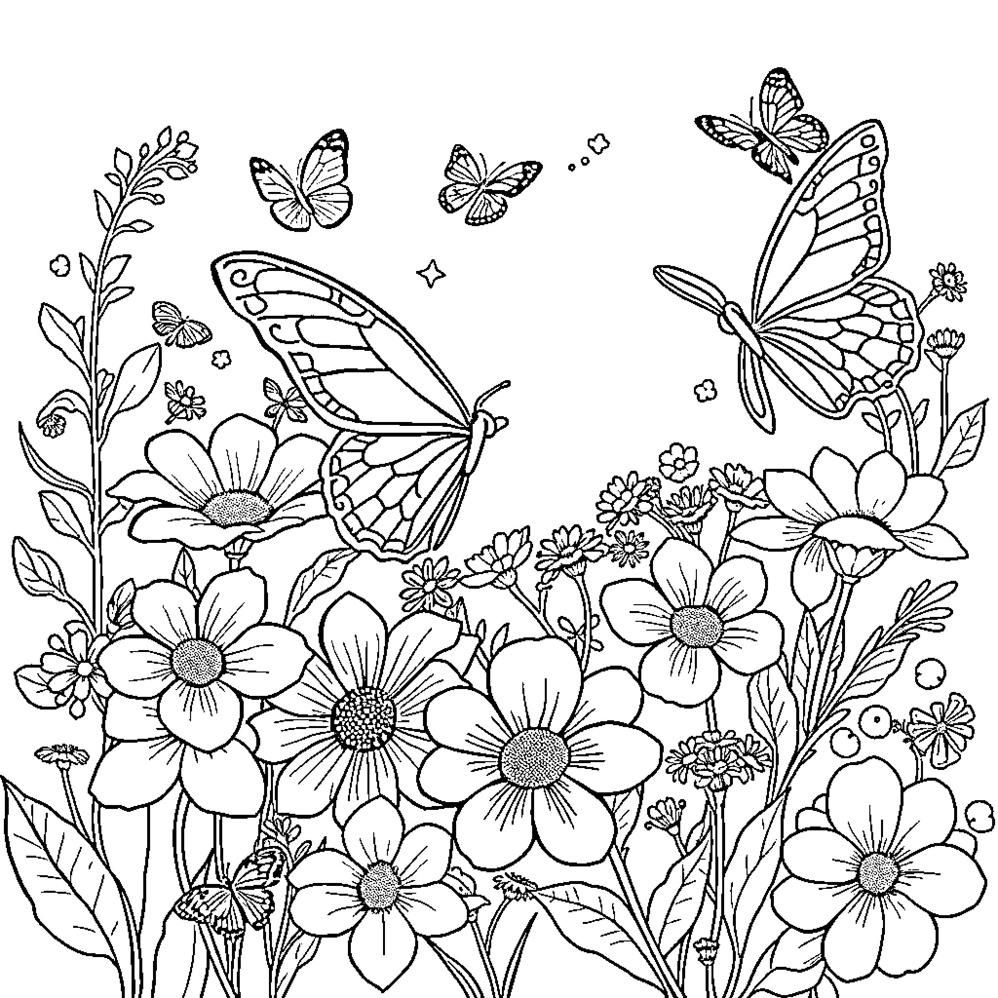 Butterfly Garden with Flowers and Butterflies Coloring Page (free black-and-white line drawing printable PDF for all, from beginners to advanced learners, including children, teens, adults, and seniors)