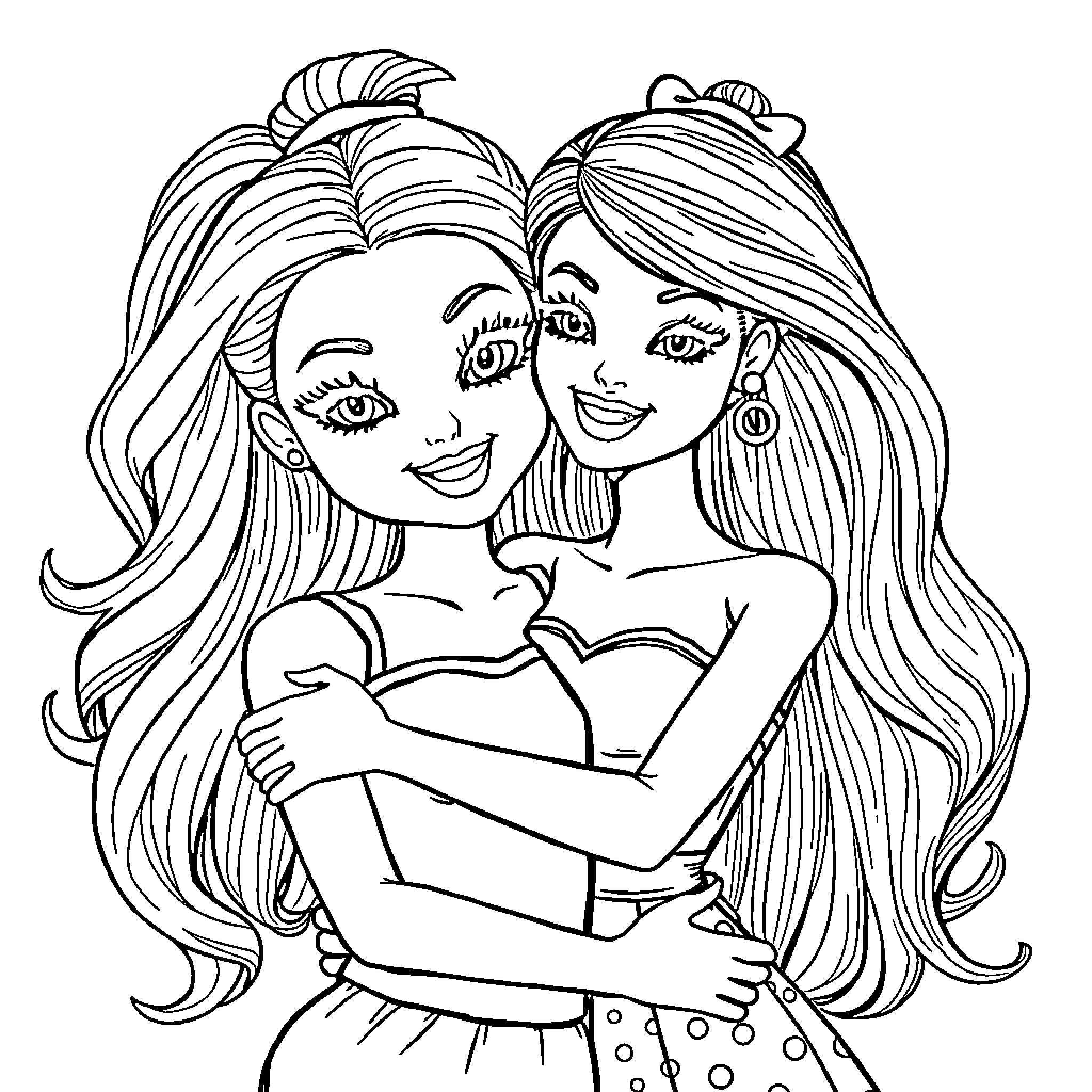 Doll sisters embracing happily Coloring Page (free black-and-white line drawing printable PDF for all, from beginners to advanced learners, including children, teens, adults, and seniors)