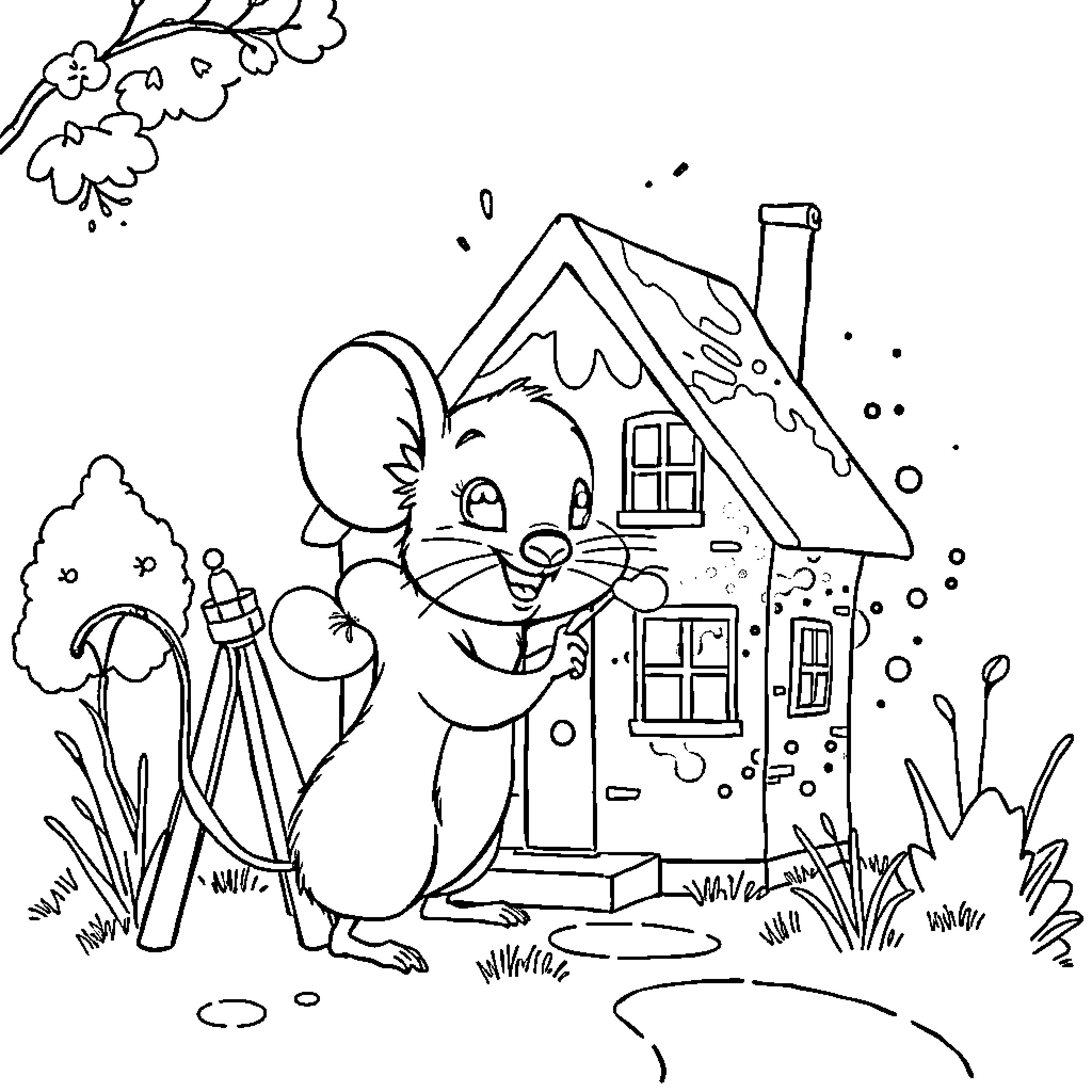 Mouse exploring a cozy cottage in the woods Coloring Page (free black-and-white line drawing printable PDF for all, from beginners to advanced learners, including children, teens, adults, and seniors)