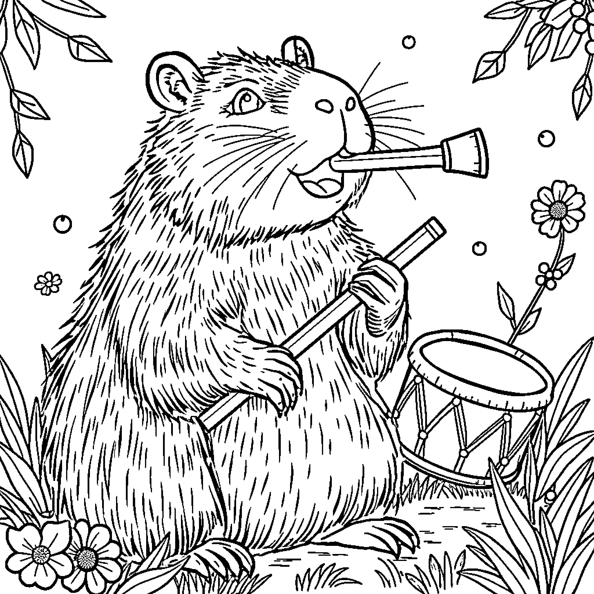 Capybara playing musical instruments in nature Coloring Page (free black-and-white line drawing printable PDF for all, from beginners to advanced learners, including children, teens, adults, and seniors)
