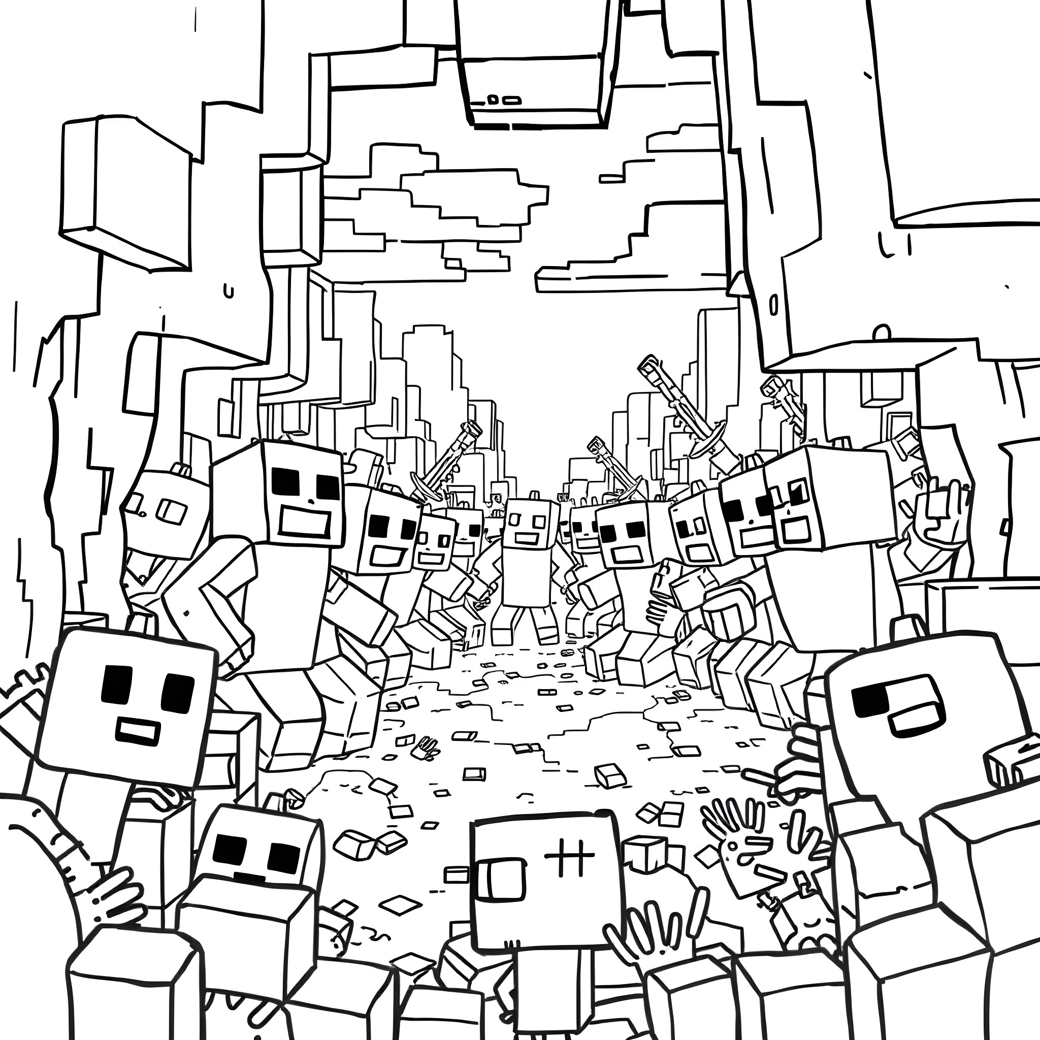 Creeper Chaos in the Blocky World Coloring Page (free black-and-white line drawing printable PDF for all, from beginners to advanced learners, including children, teens, adults, and seniors)