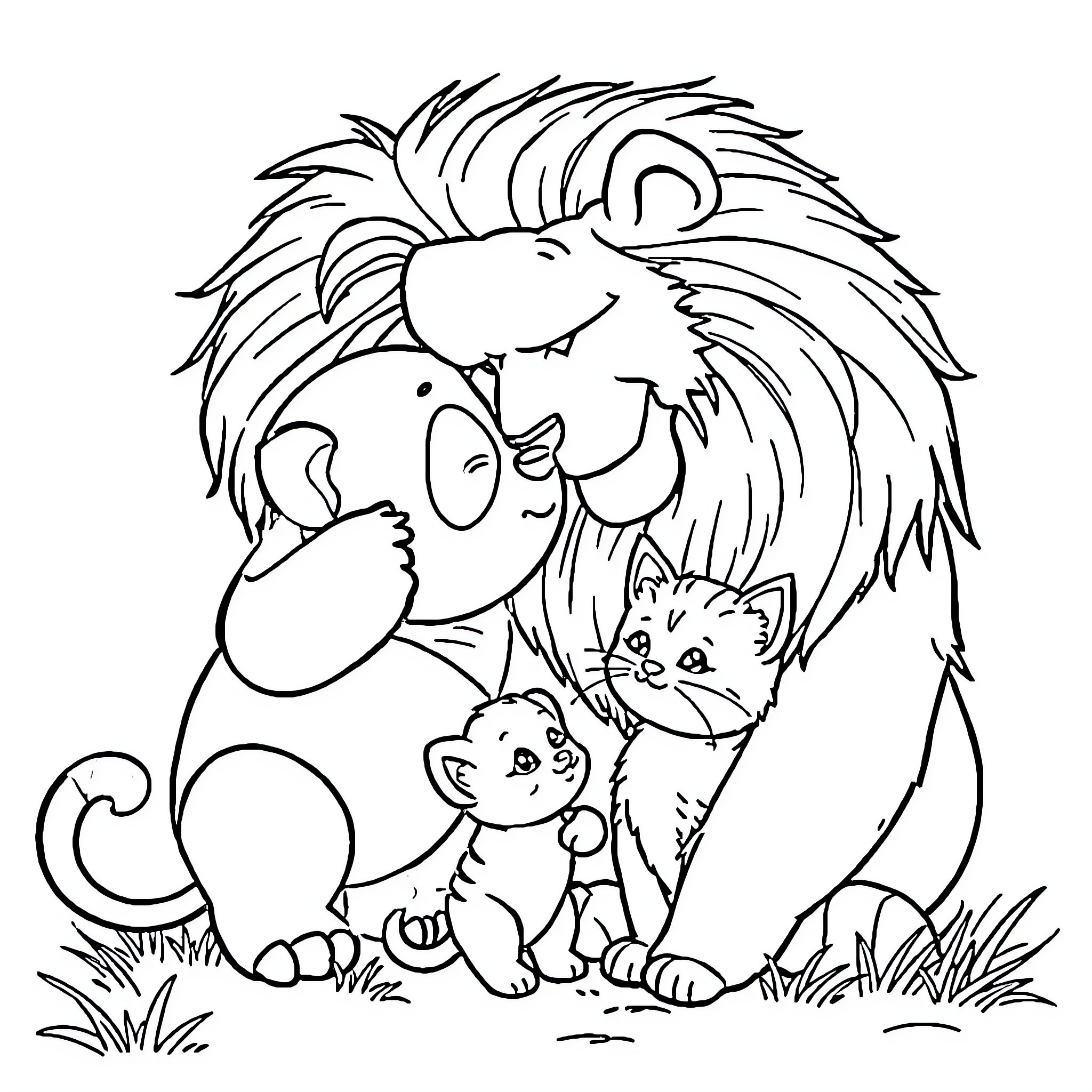 Panda family playing together in the wild Coloring Page (free black-and-white line drawing printable PDF for all, from beginners to advanced learners, including children, teens, adults, and seniors)