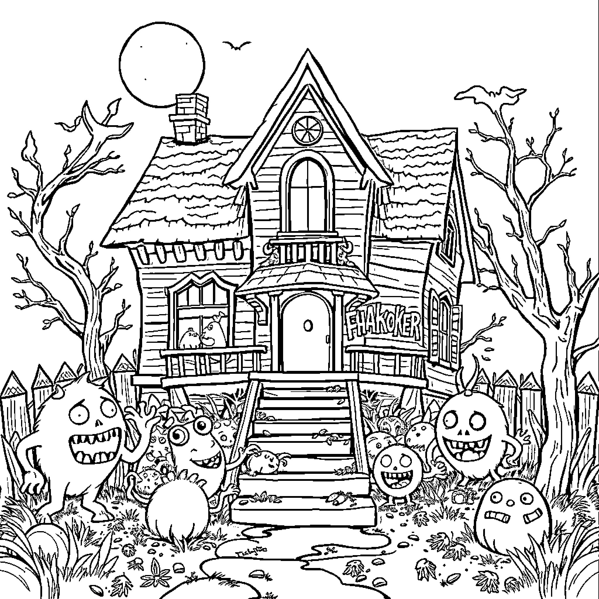 Monster House with Spooky Creatures in the Yard Coloring Page (free black-and-white line drawing printable PDF for all, from beginners to advanced learners, including children, teens, adults, and seniors)