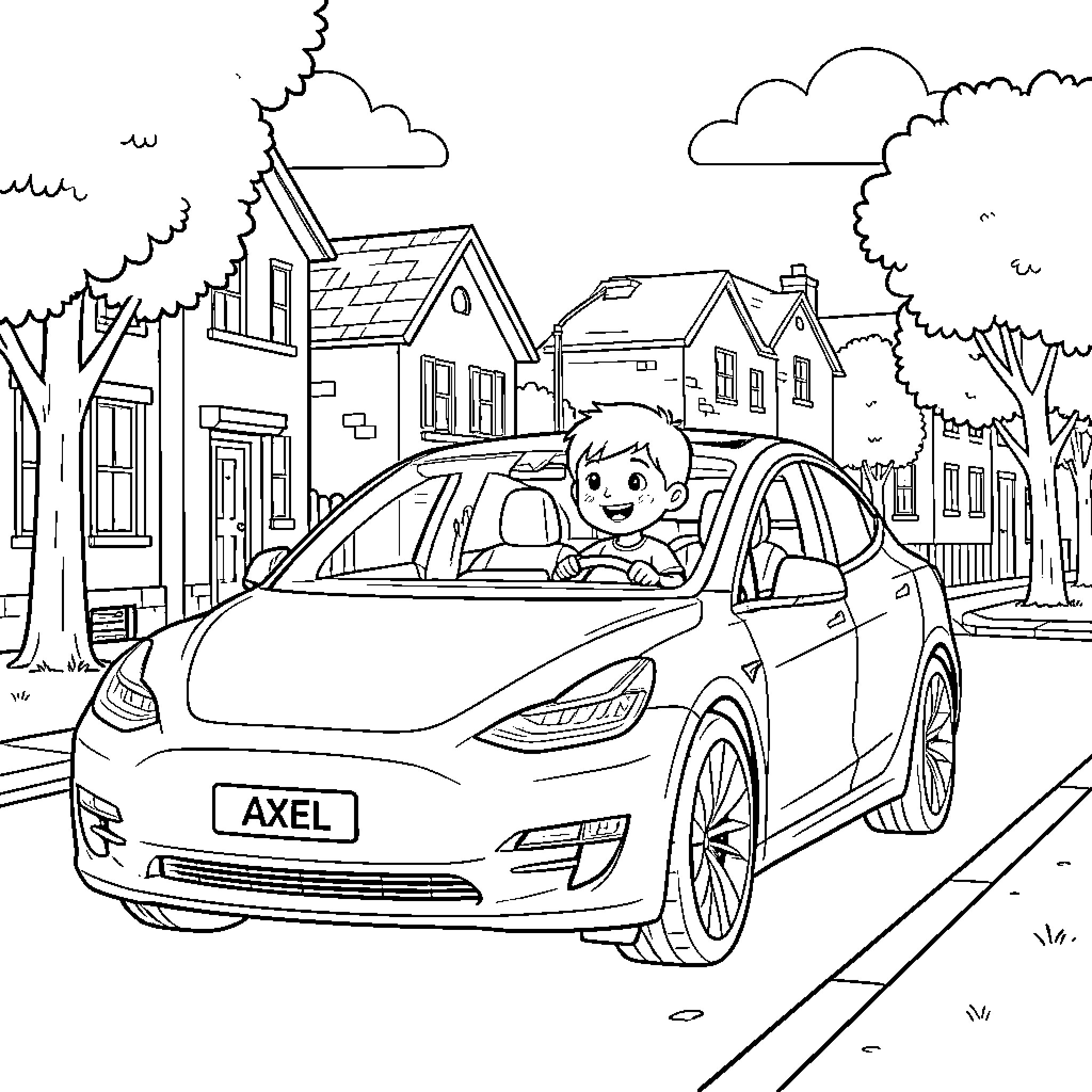 Boy driving a car through a residential street Coloring Page (free black-and-white line drawing printable PDF for all, from beginners to advanced learners, including children, teens, adults, and seniors)
