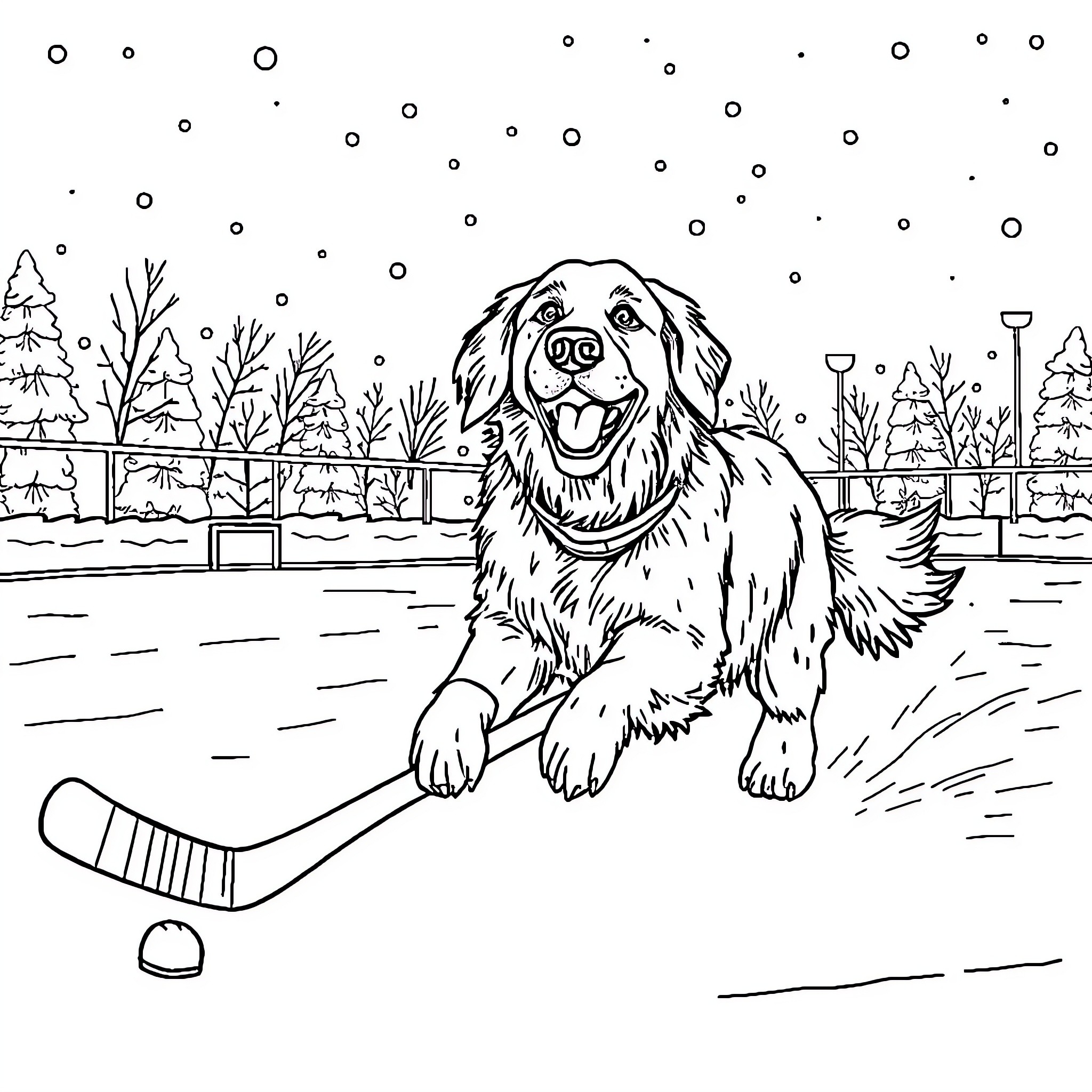 Golden Retriever playing hockey in winter wonderland Coloring Page (free black-and-white line drawing printable PDF for all, from beginners to advanced learners, including children, teens, adults, and seniors)