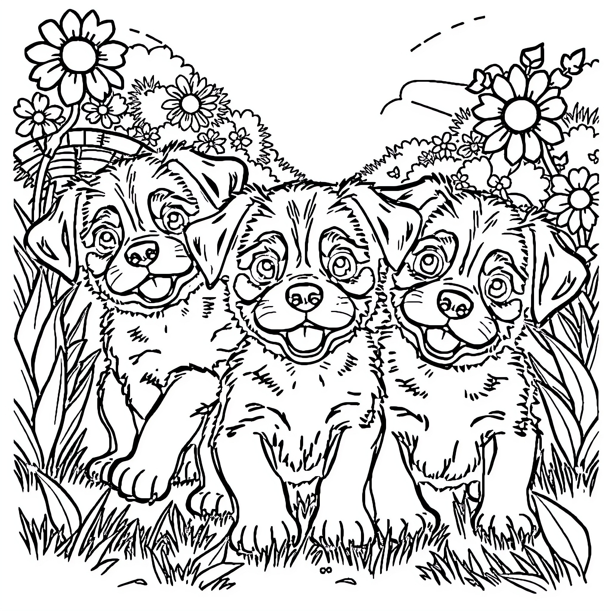 Puppy trio playing in a floral field Coloring Page (free black-and-white line drawing printable PDF for all, from beginners to advanced learners, including children, teens, adults, and seniors)