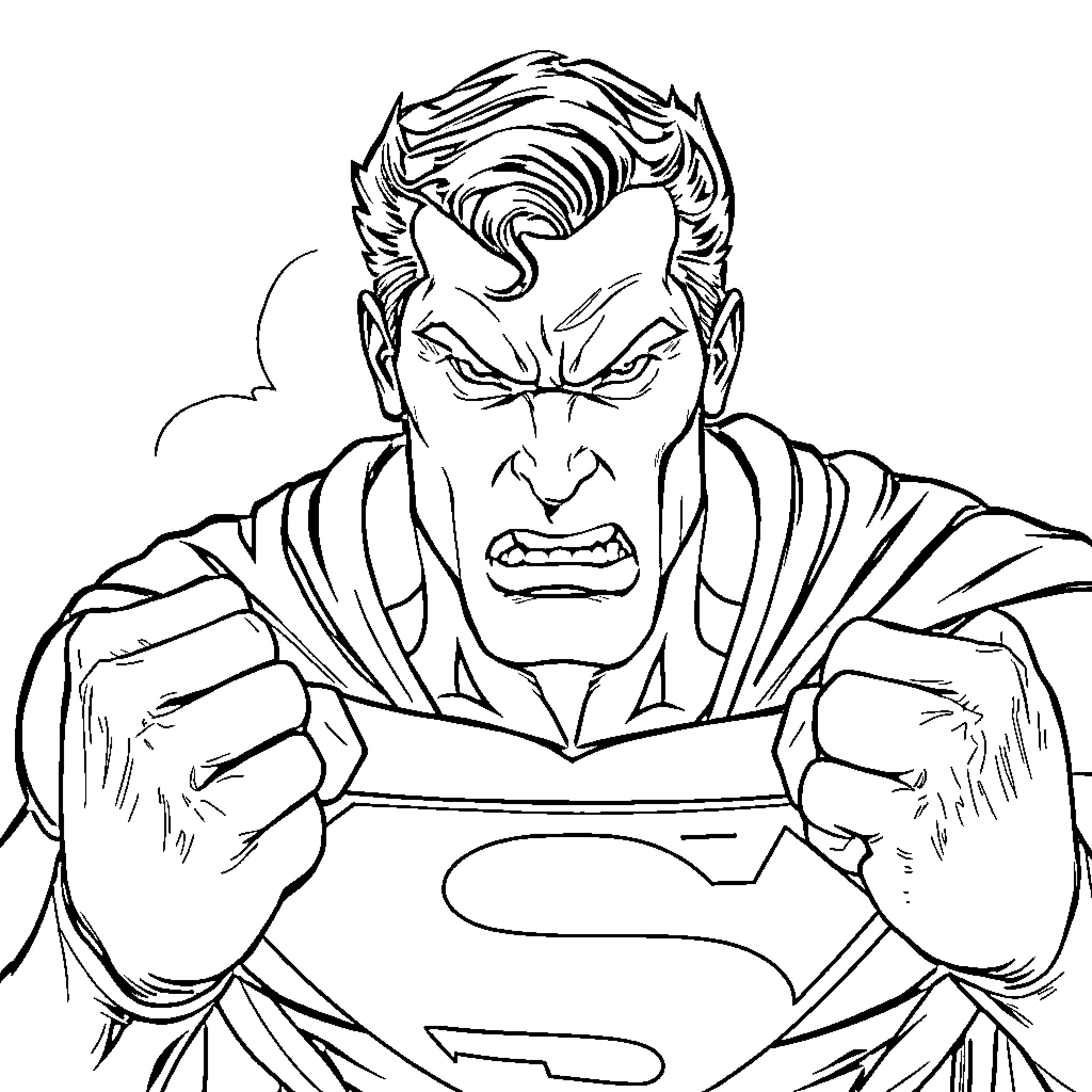 Superman in Fierce Defensive Pose Coloring Page (free black-and-white line drawing printable PDF for all, from beginners to advanced learners, including children, teens, adults, and seniors)