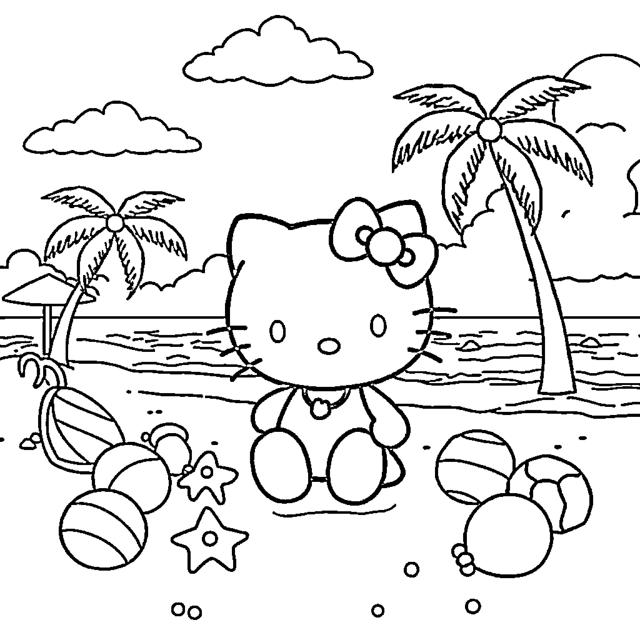 Hello Kitty playing with toys on the beach Coloring Page (free black-and-white line drawing printable PDF for all, from beginners to advanced learners, including children, teens, adults, and seniors)