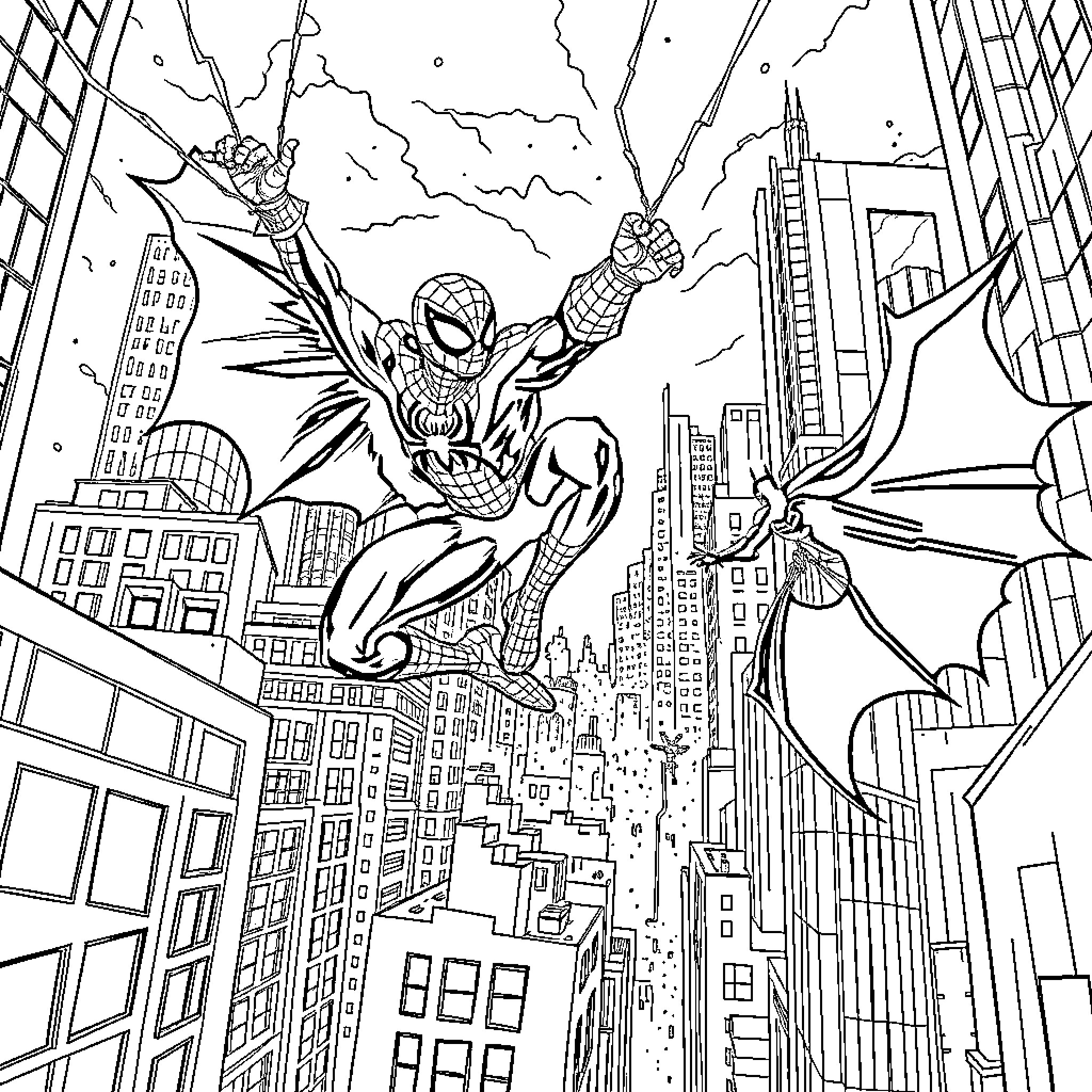Spiderman swinging through the city skyline Coloring Page (free black-and-white line drawing printable PDF for all, from beginners to advanced learners, including children, teens, adults, and seniors)