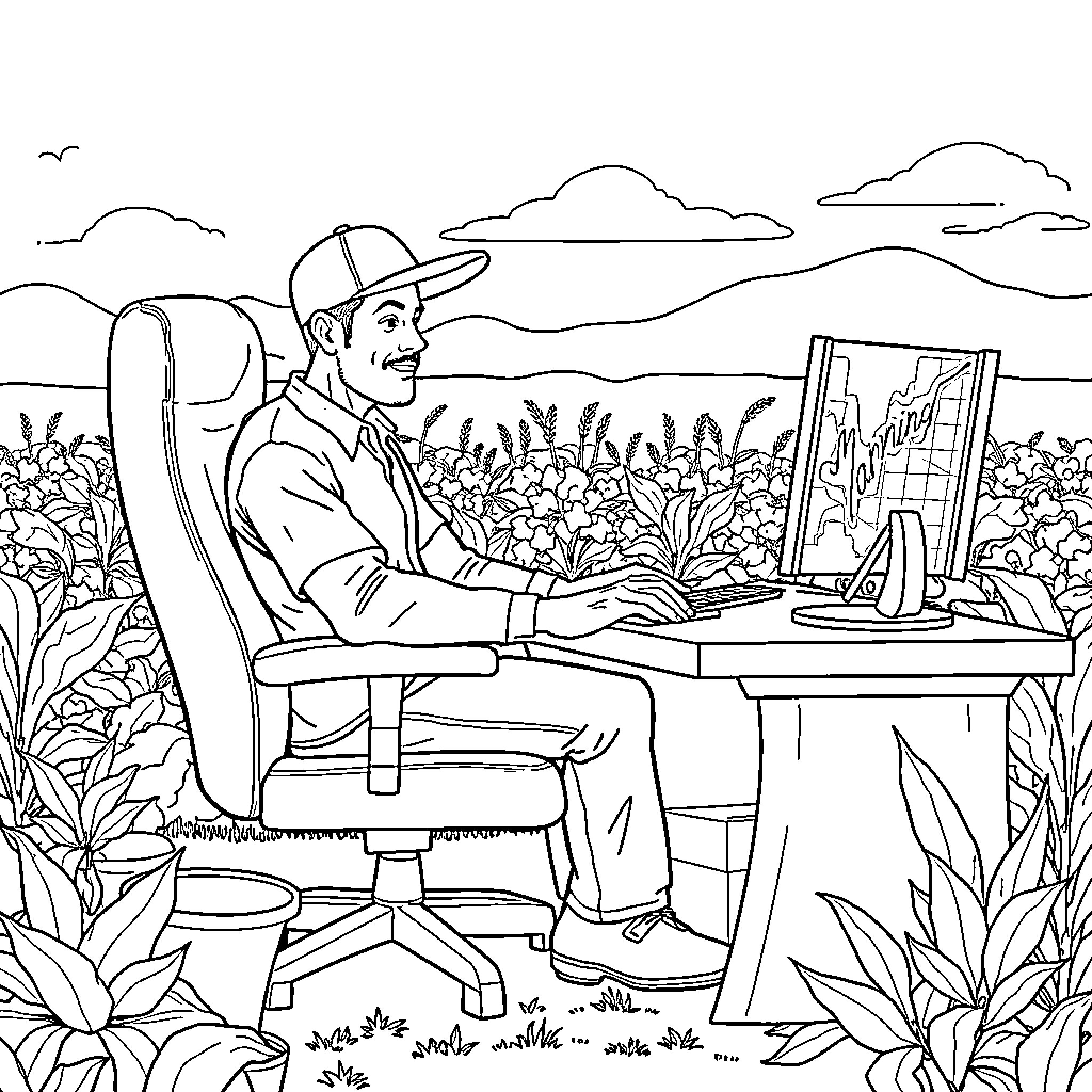 Joe works diligently at his computer surrounded by nature Coloring Page (free black-and-white line drawing printable PDF for all, from beginners to advanced learners, including children, teens, adults, and seniors)