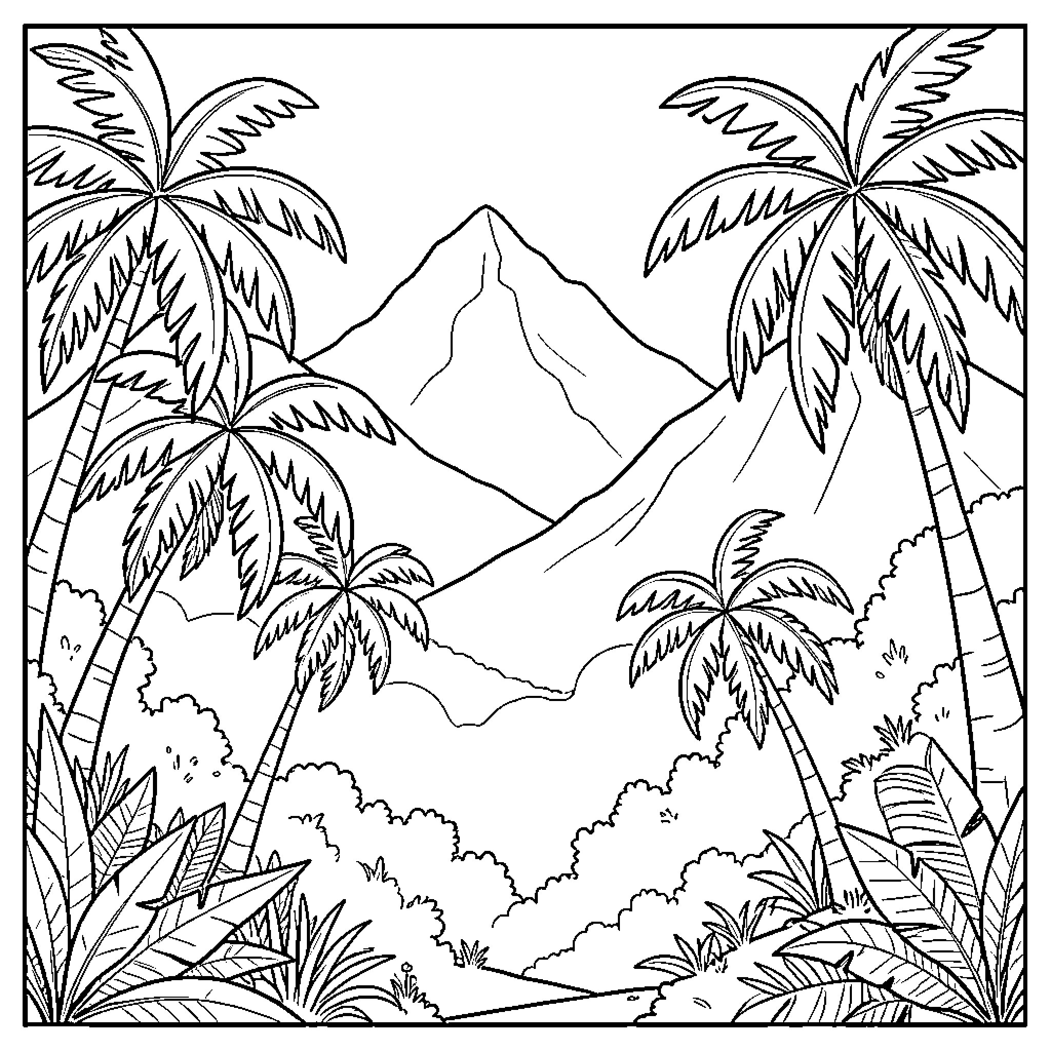 Mountain scenic landscape with palm trees Coloring Page (free black-and-white line drawing printable PDF for all, from beginners to advanced learners, including children, teens, adults, and seniors)
