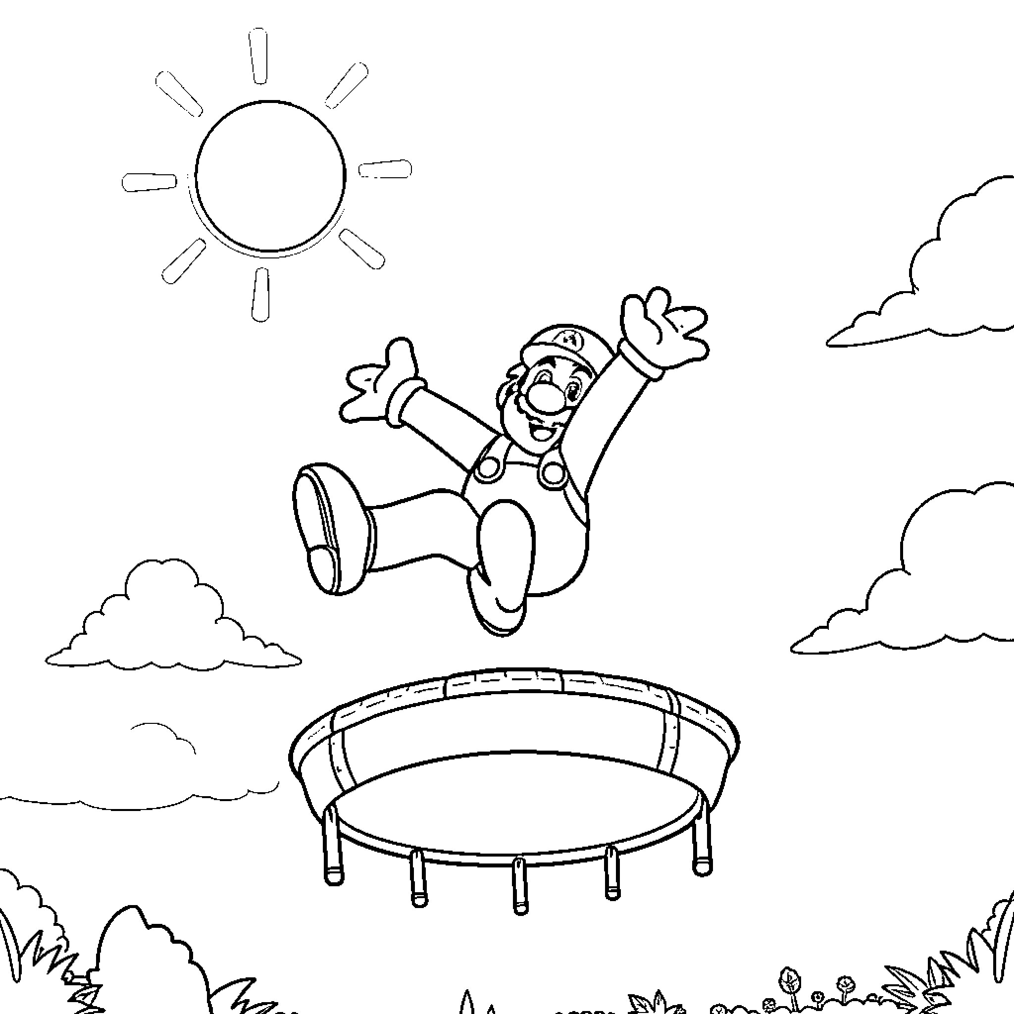 Mario jumping happily on a trampoline Coloring Page (free black-and-white line drawing printable PDF for all, from beginners to advanced learners, including children, teens, adults, and seniors)