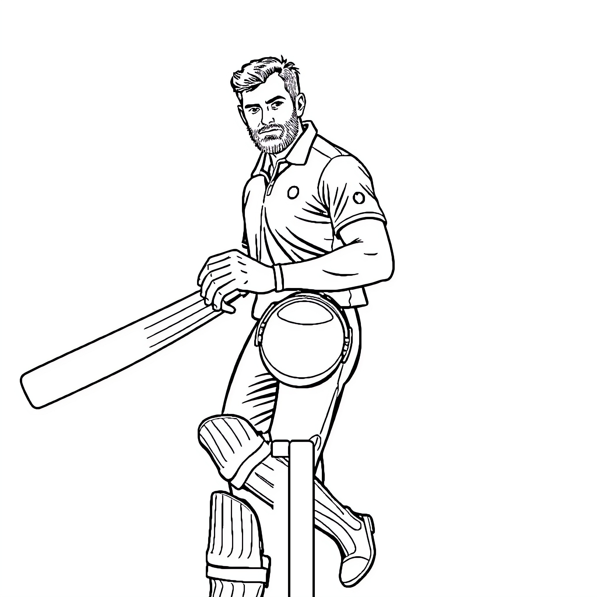 Cricket Player Batting with Determination Coloring Page (free black-and-white line drawing printable PDF for all, from beginners to advanced learners, including children, teens, adults, and seniors)