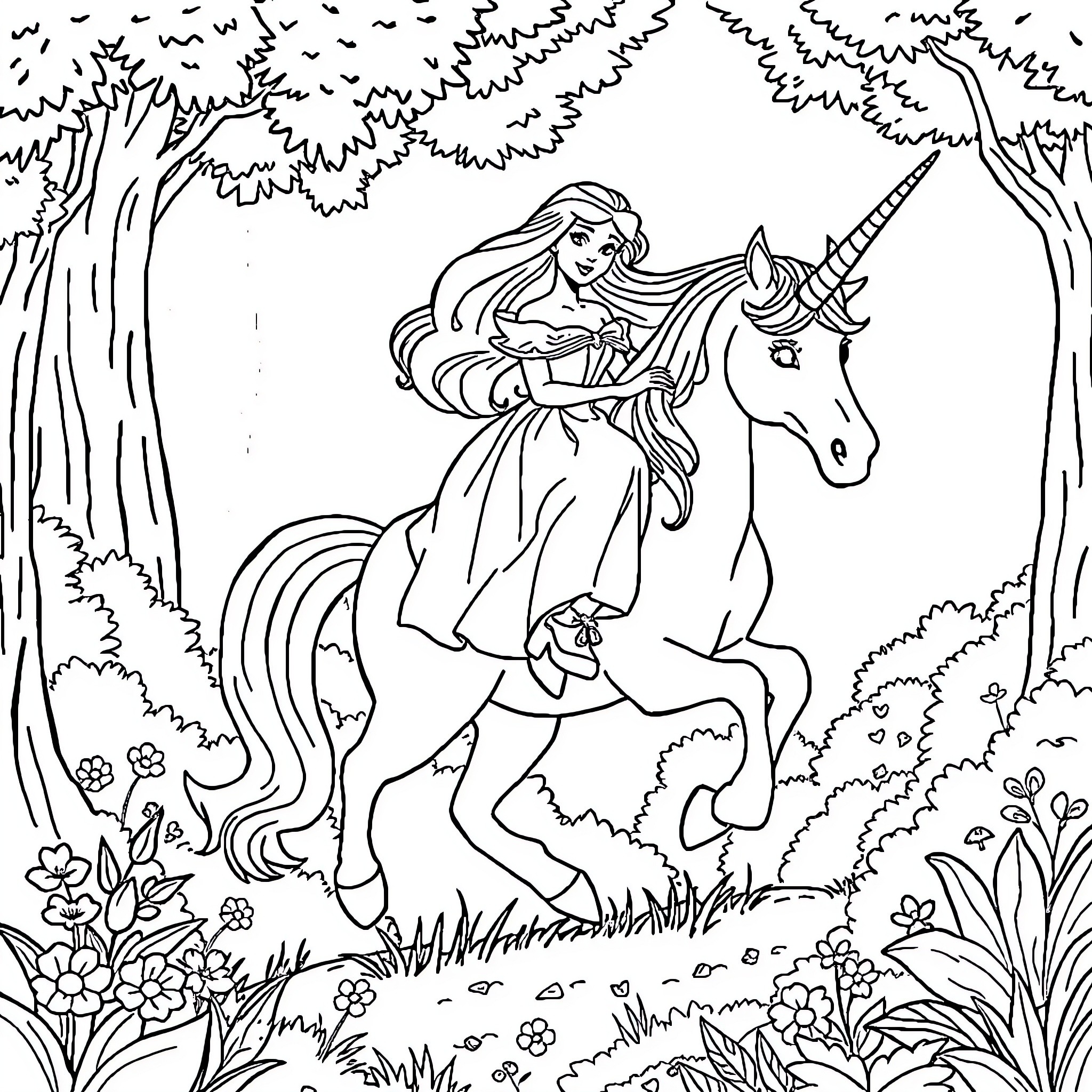 Sleeping Beauty riding a unicorn through the enchanted forest Coloring Page (free black-and-white line drawing printable PDF for all, from beginners to advanced learners, including children, teens, adults, and seniors)