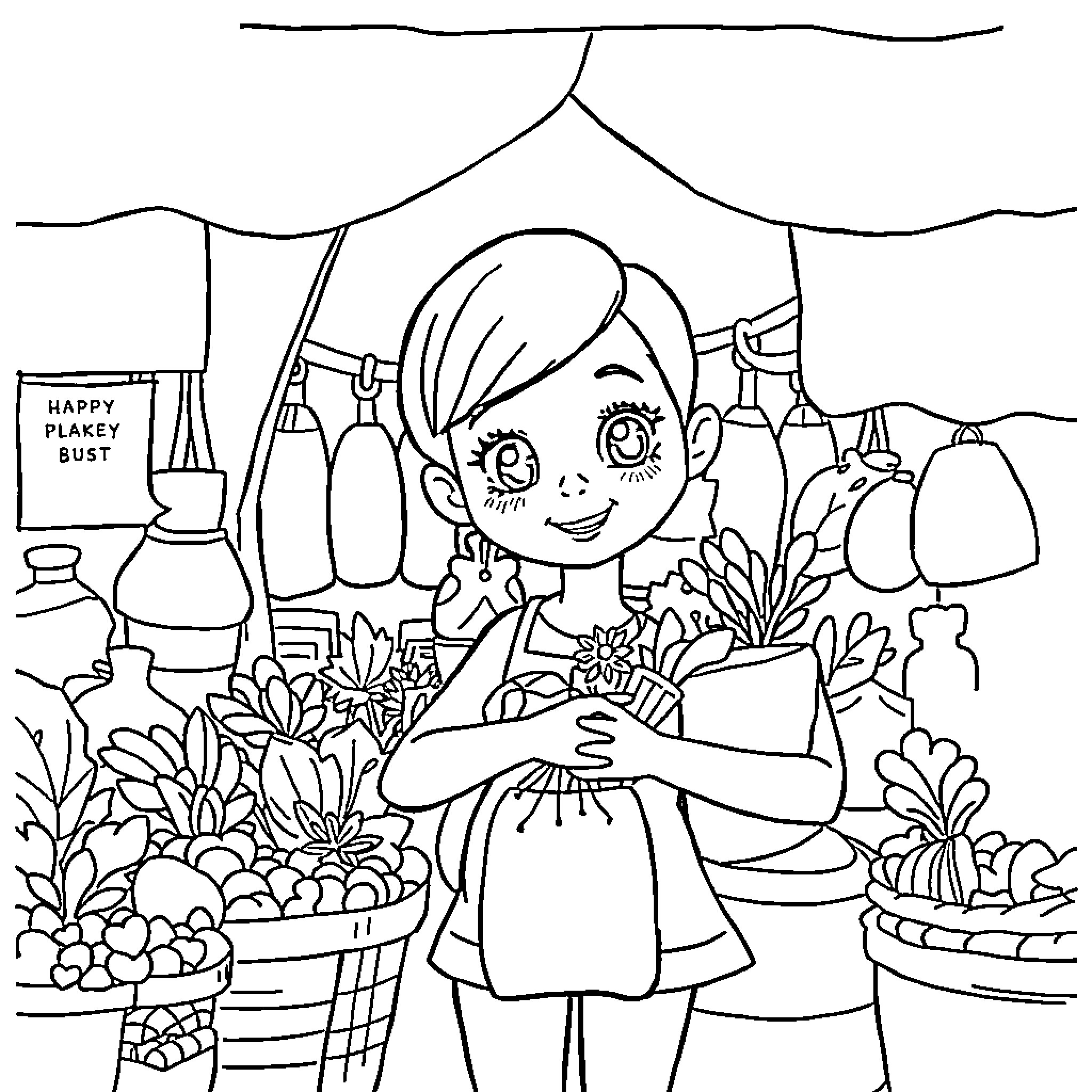 Bobbie Goods in the Flower Market Coloring Page (free black-and-white line drawing printable PDF for all, from beginners to advanced learners, including children, teens, adults, and seniors)