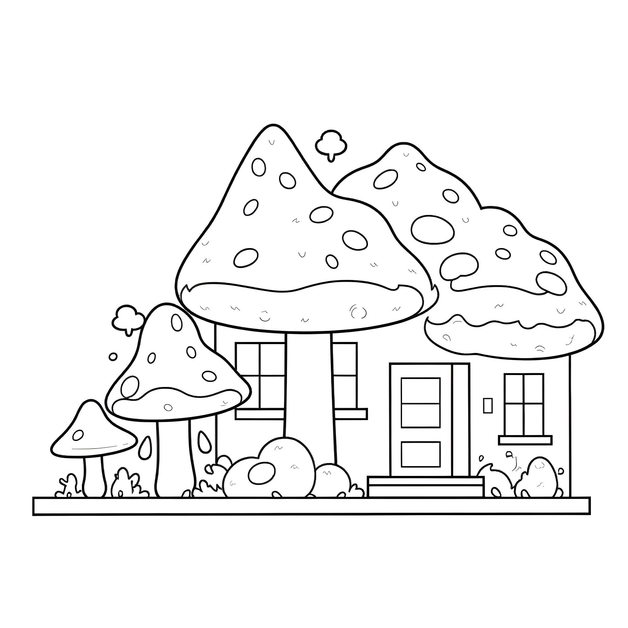 House with Whimsical Mushroom Dwellings Coloring Page (free black-and-white line drawing printable PDF for all, from beginners to advanced learners, including children, teens, adults, and seniors)