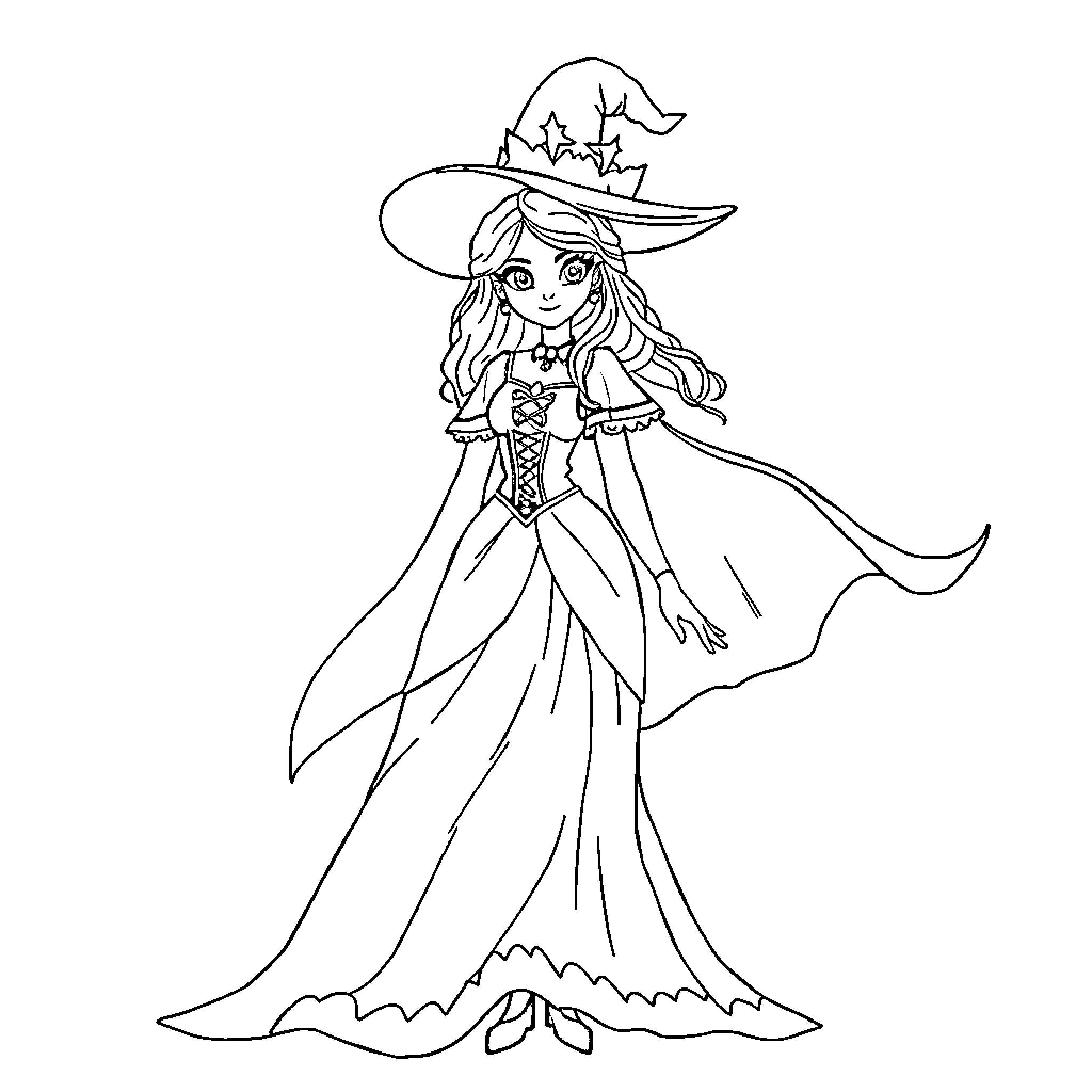 Princess in Elegant Witch Costume Coloring Page (free black-and-white line drawing printable PDF for all, from beginners to advanced learners, including children, teens, adults, and seniors)
