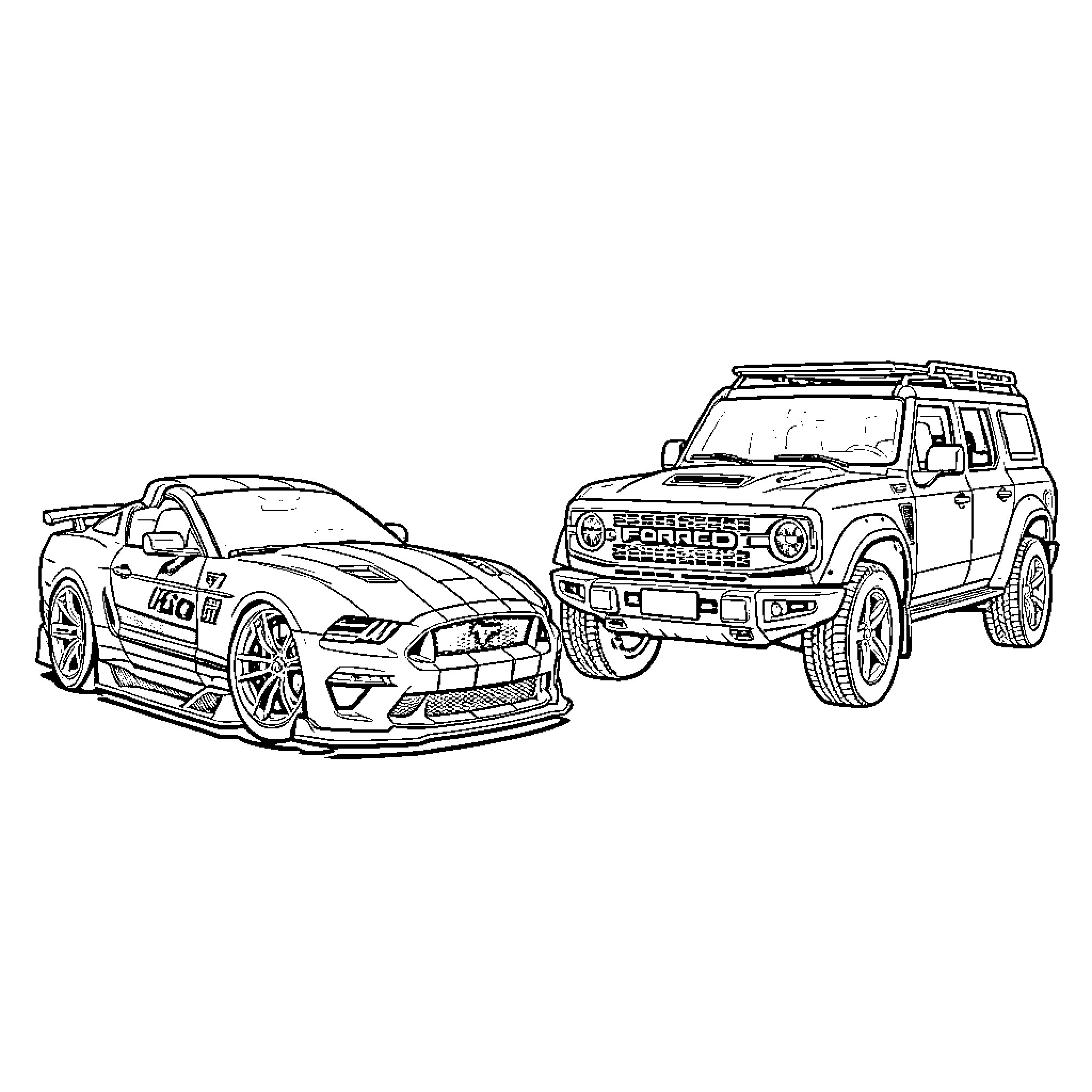 Ford sports car and Ford SUV in action Coloring Page (free black-and-white line drawing printable PDF for all, from beginners to advanced learners, including children, teens, adults, and seniors)