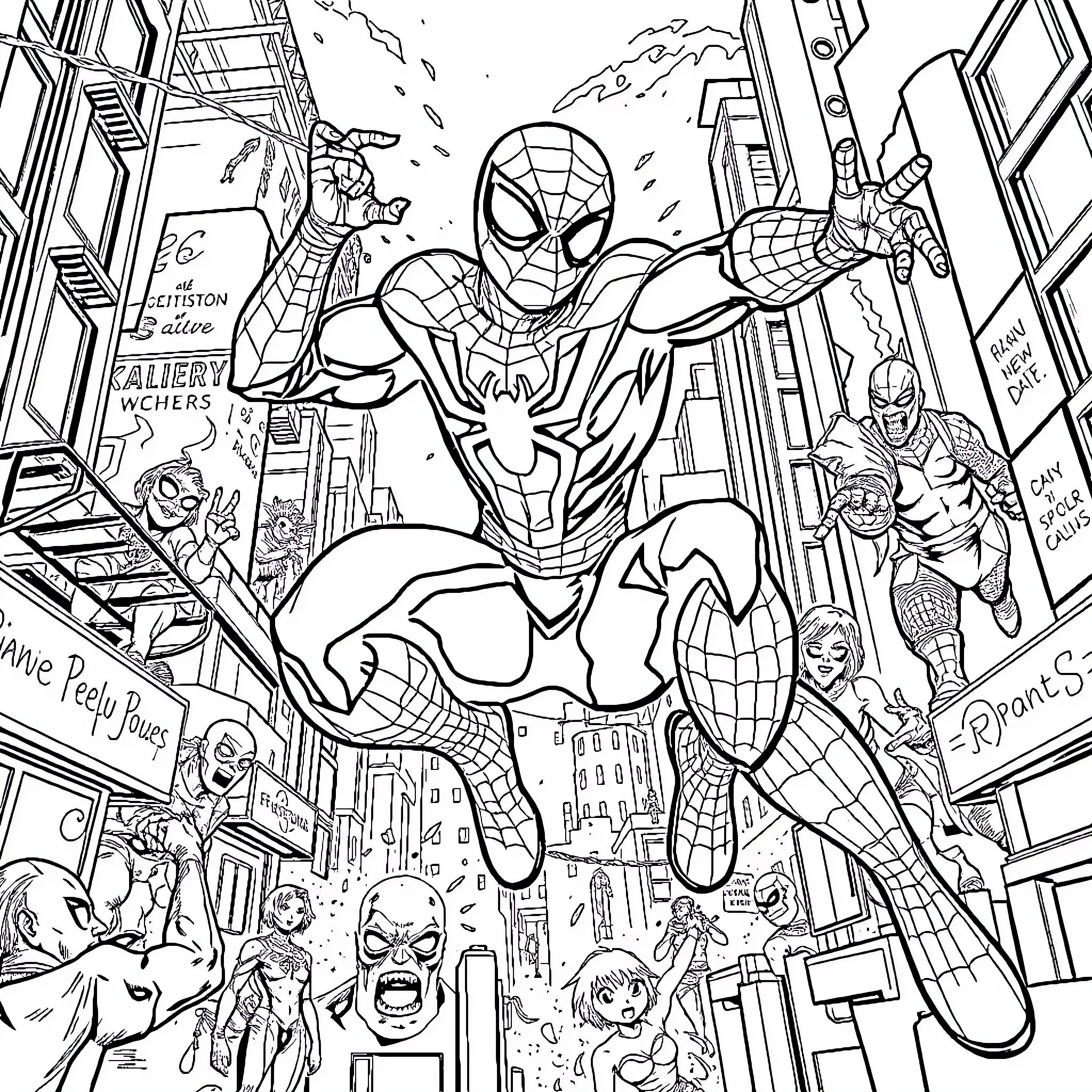 Spider-Man saving the city from villains Coloring Page (free black-and-white line drawing printable PDF for all, from beginners to advanced learners, including children, teens, adults, and seniors)