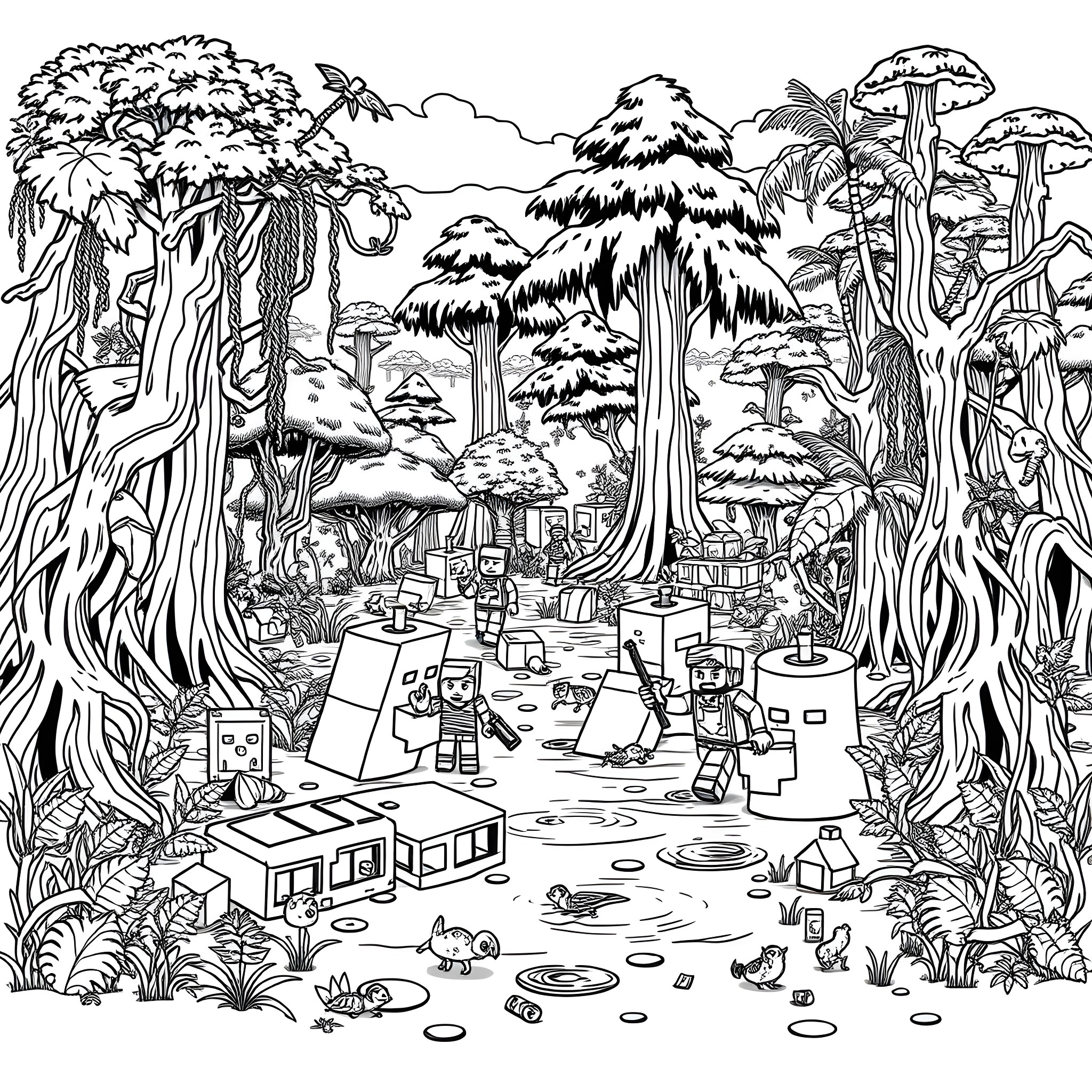 Minecraft characters exploring a fantastical forest landscape Coloring Page (free black-and-white line drawing printable PDF for all, from beginners to advanced learners, including children, teens, adults, and seniors)