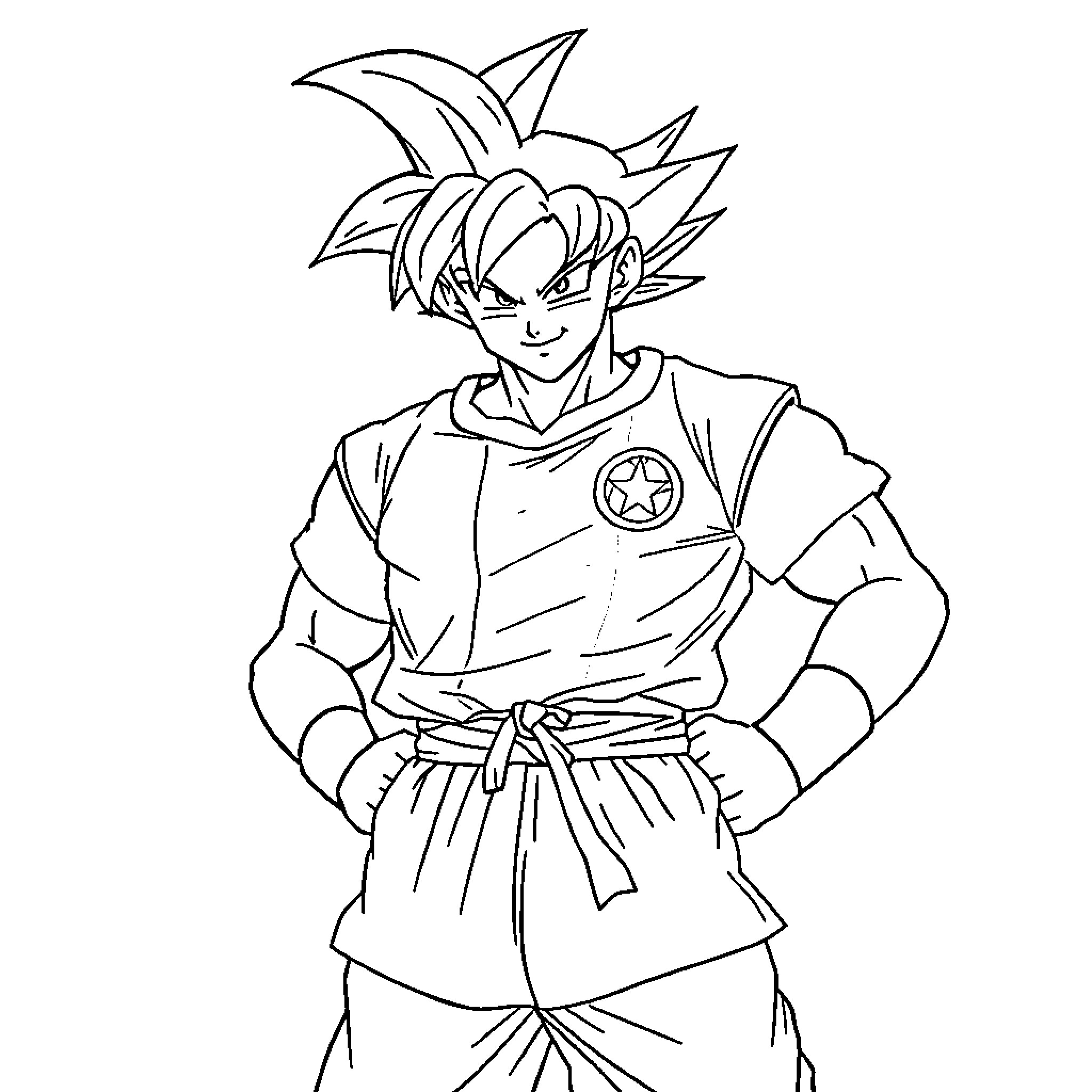 Goku's Heroic Stance in Martial Arts Uniform Coloring Page (free black-and-white line drawing printable PDF for all, from beginners to advanced learners, including children, teens, adults, and seniors)