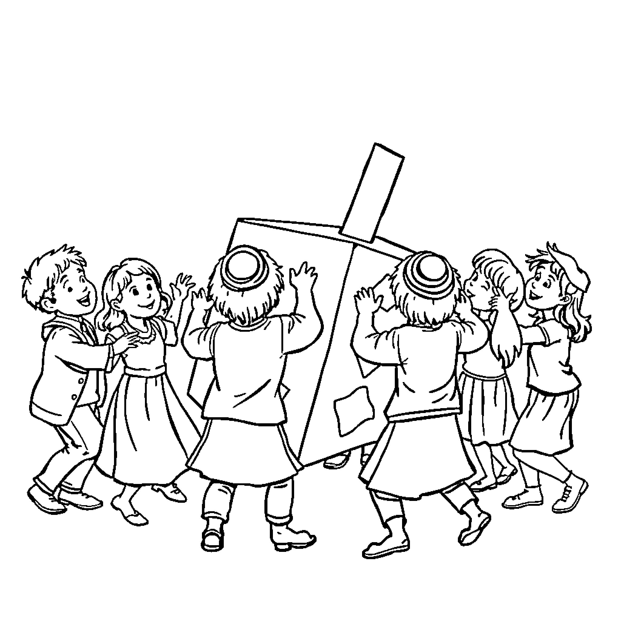 Child Celebrating with Friends in Traditional Attire Coloring Page (free black-and-white line drawing printable PDF for all, from beginners to advanced learners, including children, teens, adults, and seniors)