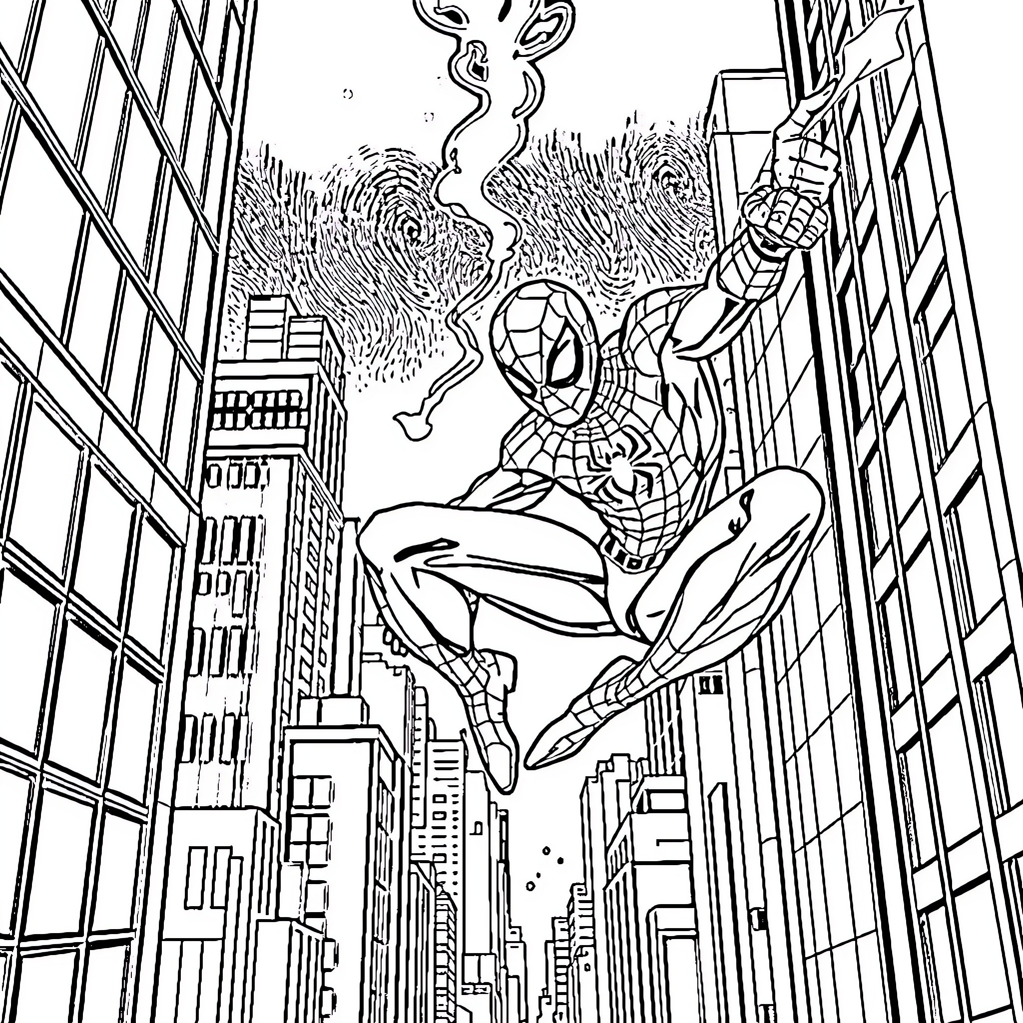 Spiderman swinging through the city skyline Coloring Page (free black-and-white line drawing printable PDF for all, from beginners to advanced learners, including children, teens, adults, and seniors)