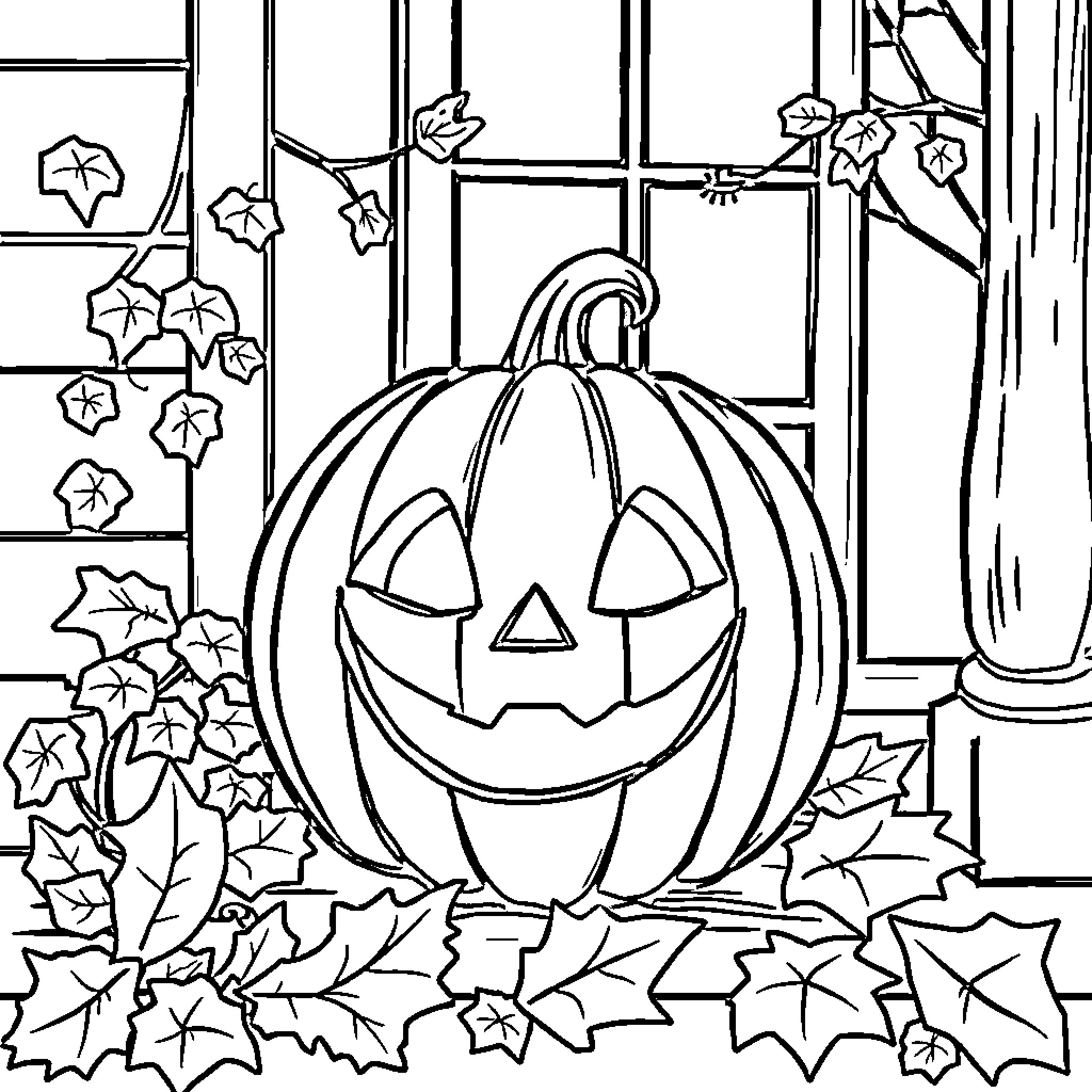 Jack O'Lantern's Spooky Scene Coloring Page (free black-and-white line drawing printable PDF for all, from beginners to advanced learners, including children, teens, adults, and seniors)