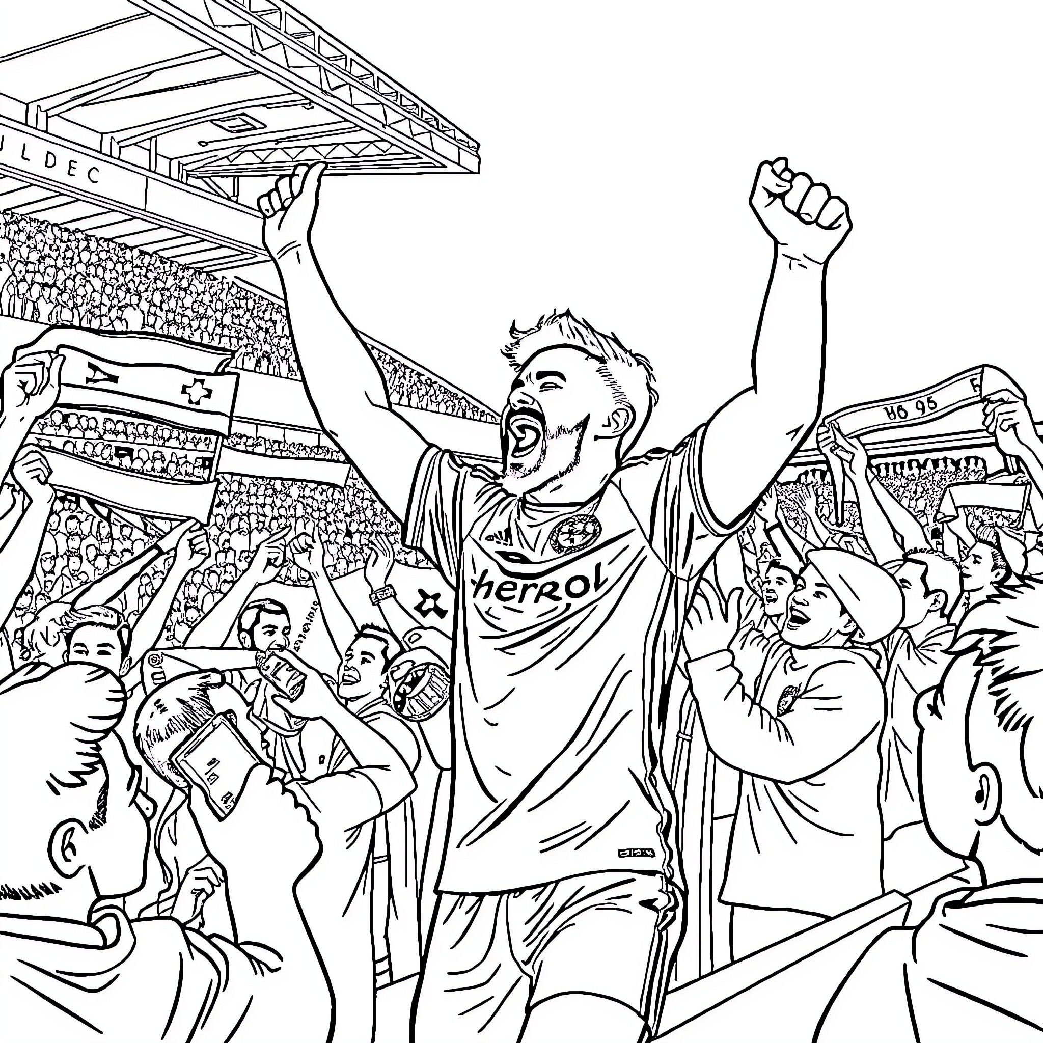 Bruno Fernandes celebrates victory with teammates and fans in the stadium Coloring Page (free black-and-white line drawing printable PDF for all, from beginners to advanced learners, including children, teens, adults, and seniors)