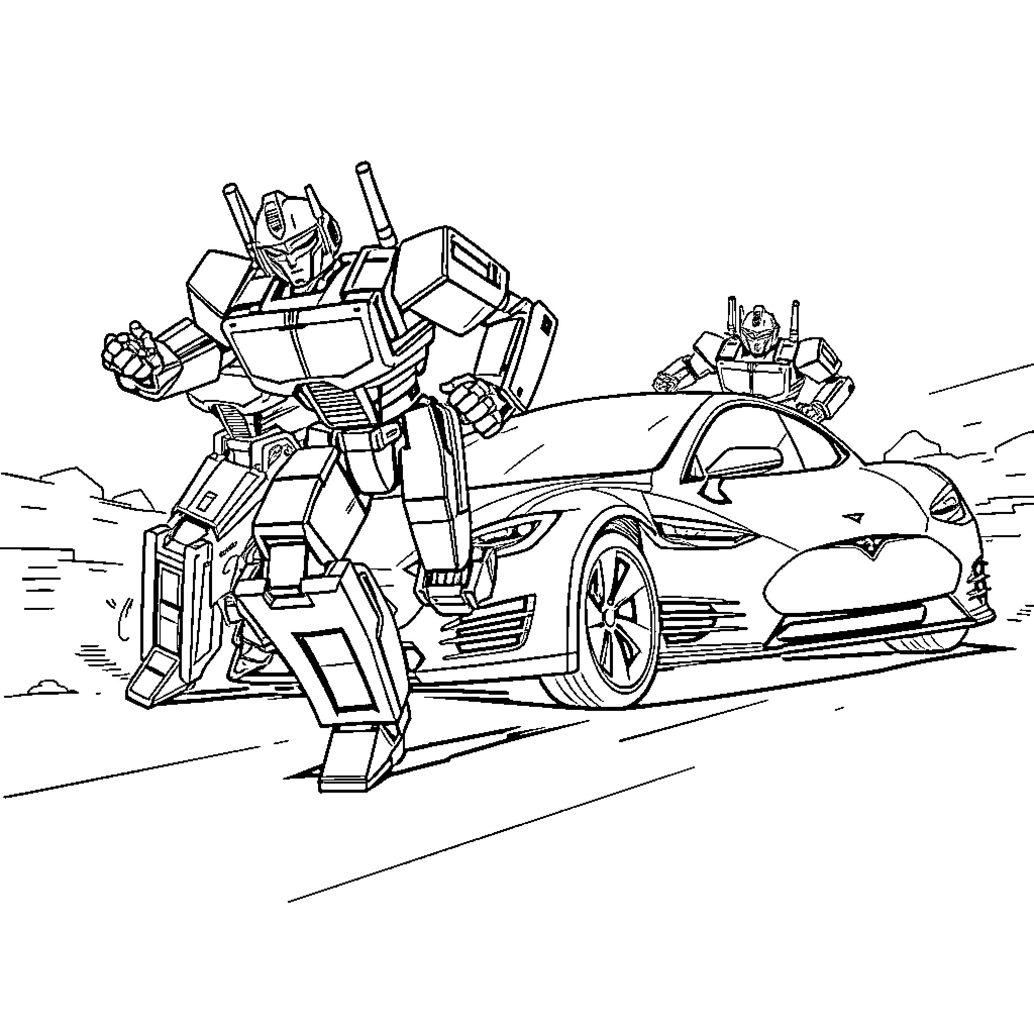 Transformer robot confronting futuristic vehicle Coloring Page (free black-and-white line drawing printable PDF for all, from beginners to advanced learners, including children, teens, adults, and seniors)