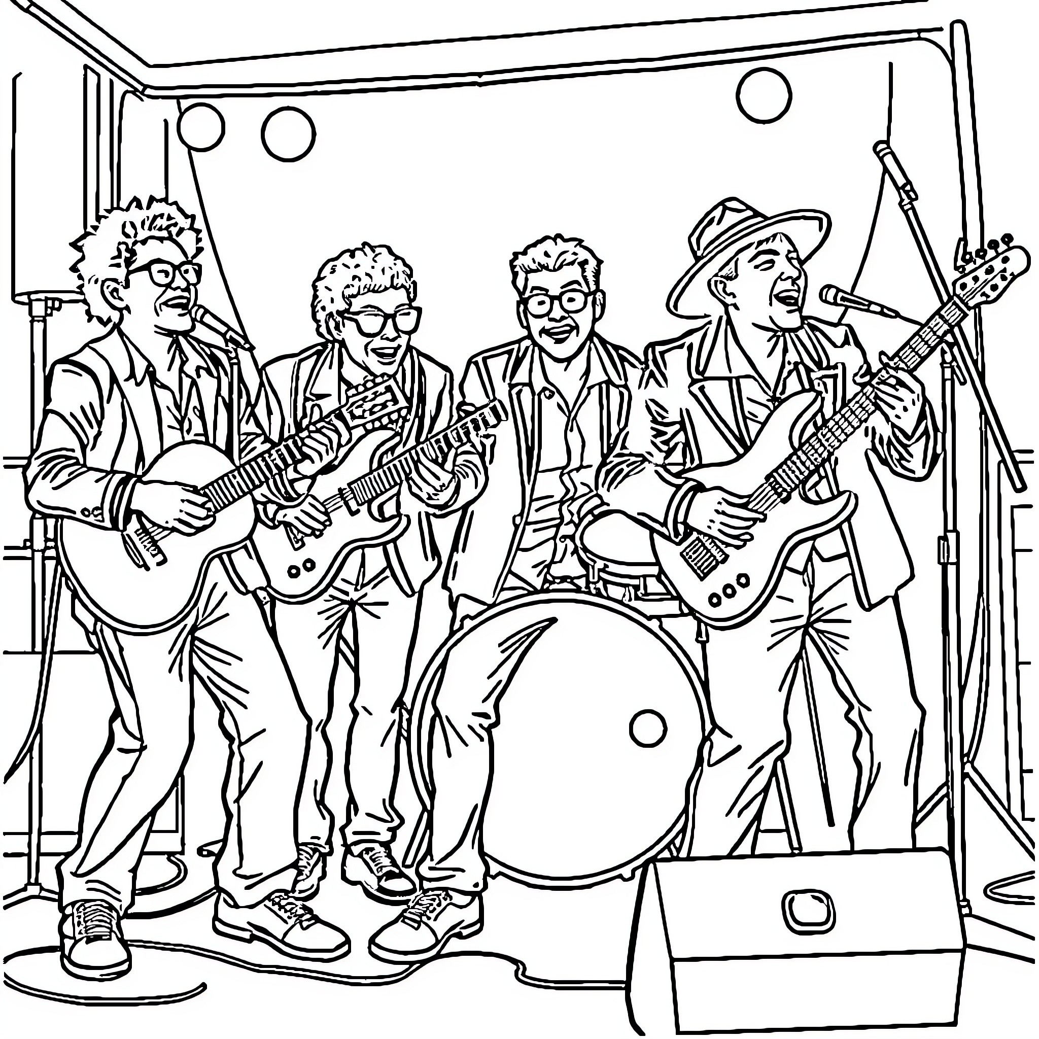 Ska Band Performing Lively Music on Stage Coloring Page (free black-and-white line drawing printable PDF for all, from beginners to advanced learners, including children, teens, adults, and seniors)