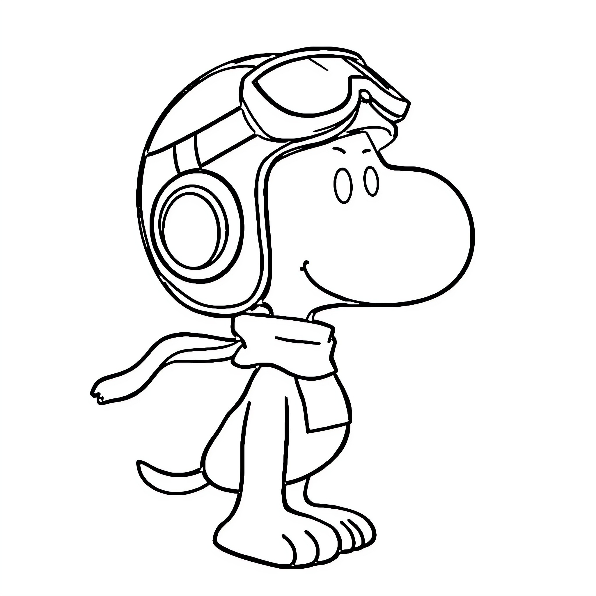 Snoopy wearing flying goggles and scarf Coloring Page (free black-and-white line drawing printable PDF for all, from beginners to advanced learners, including children, teens, adults, and seniors)