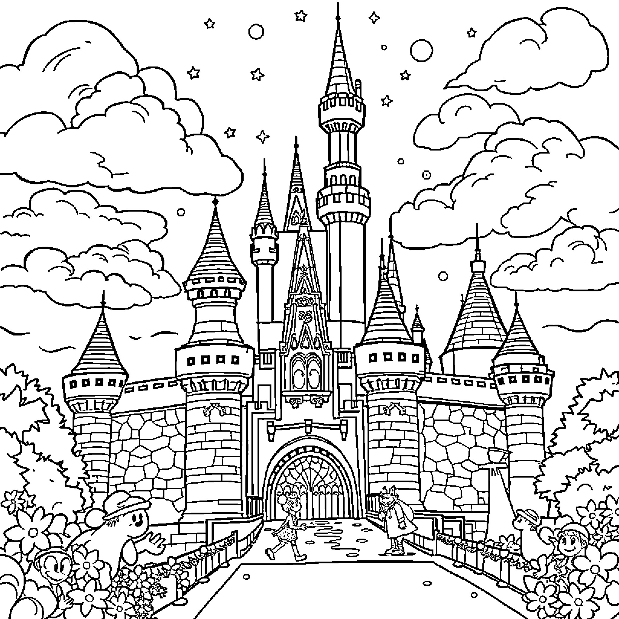 Disney Castle with Fantastical Architecture and Starry Sky Coloring Page (free black-and-white line drawing printable PDF for all, from beginners to advanced learners, including children, teens, adults, and seniors)