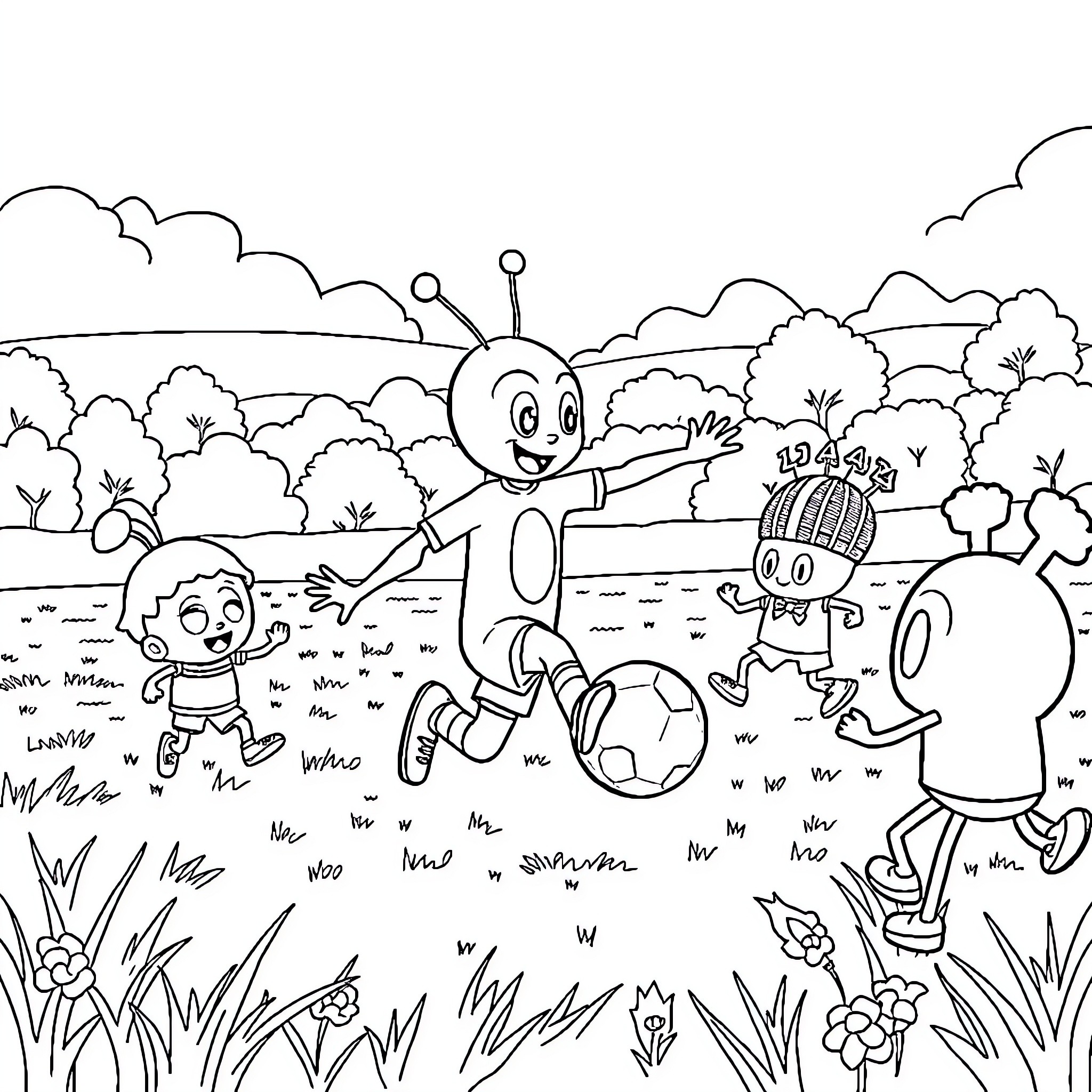 Paw Patrol characters playing joyfully in nature Coloring Page (free black-and-white line drawing printable PDF for all, from beginners to advanced learners, including children, teens, adults, and seniors)