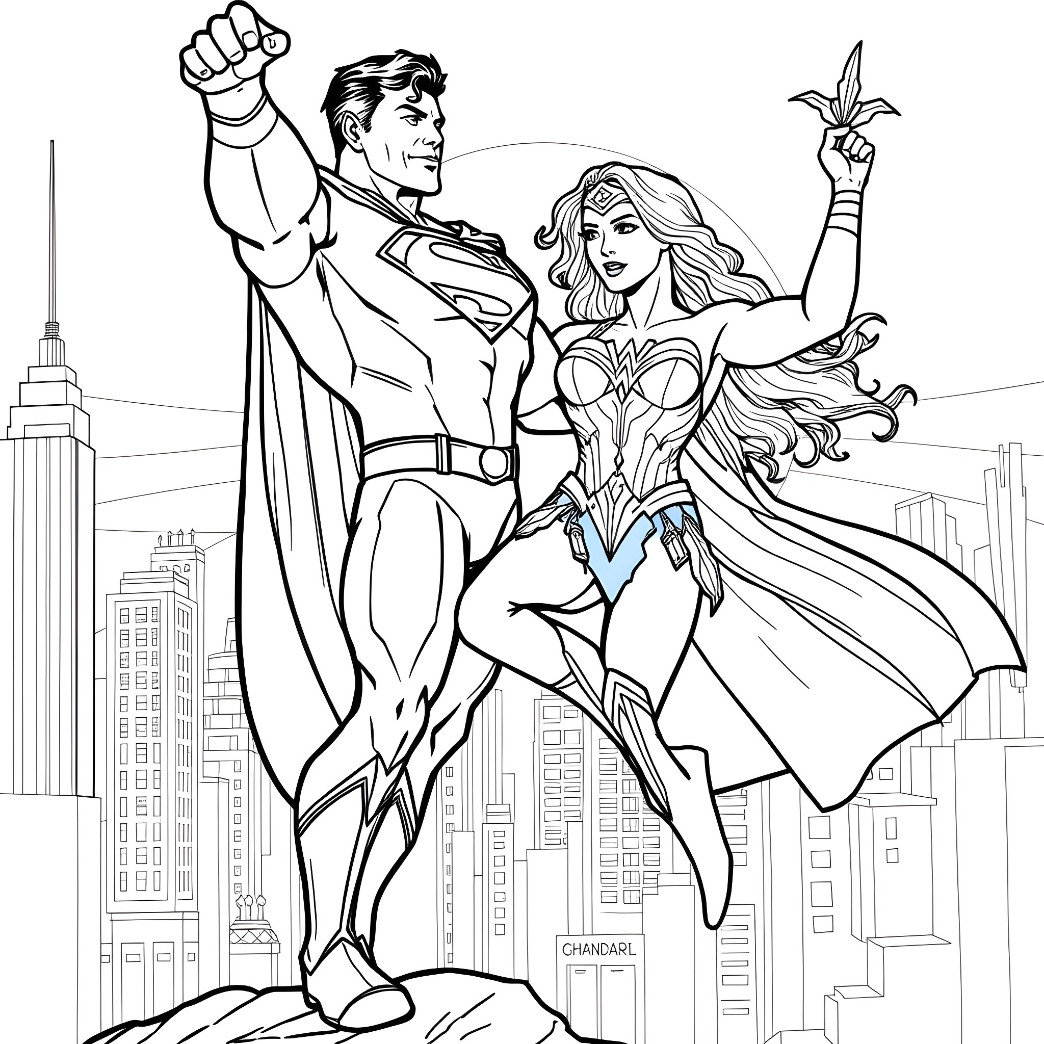 Superman and Wonder Woman heroically standing in the city Coloring Page (free black-and-white line drawing printable PDF for all, from beginners to advanced learners, including children, teens, adults, and seniors)