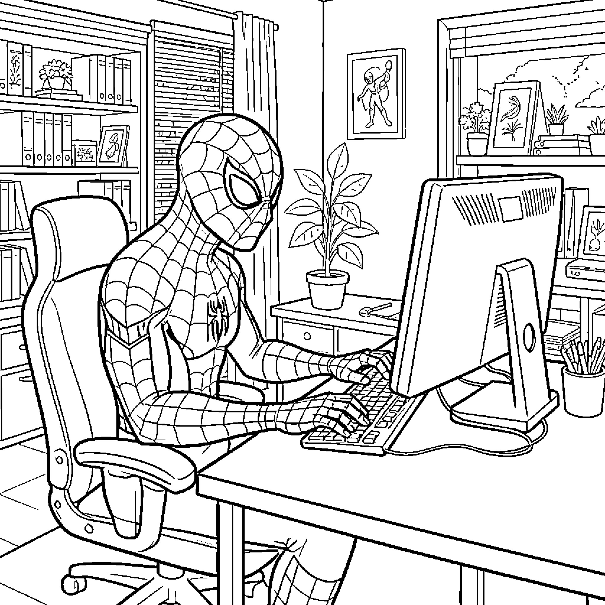 Spiderman focused while working on a computer at a desk Coloring Page (free black-and-white line drawing printable PDF for all, from beginners to advanced learners, including children, teens, adults, and seniors)