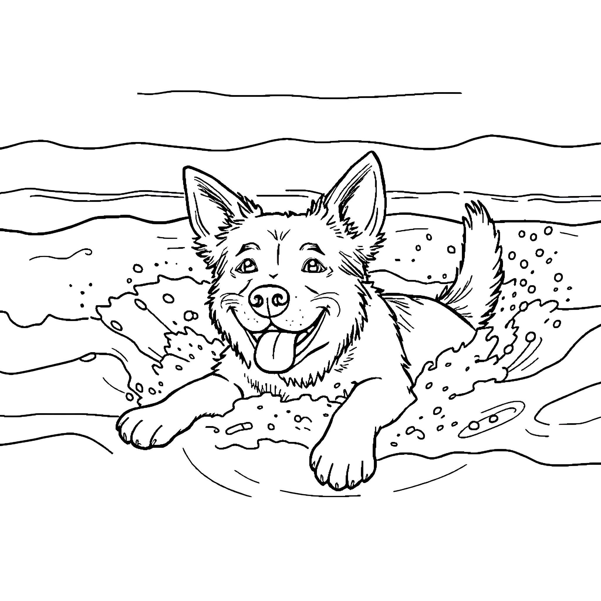 Dog frolicking happily in the waves Coloring Page (free black-and-white line drawing printable PDF for all, from beginners to advanced learners, including children, teens, adults, and seniors)