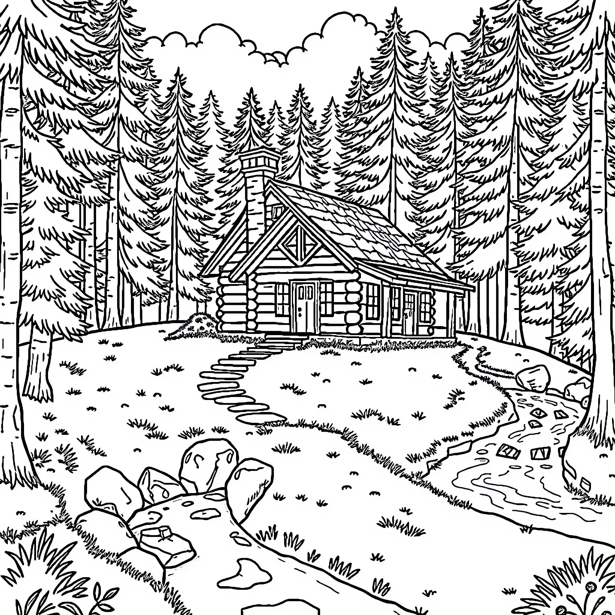Log Cabin in the Serene Forest Landscape Coloring Page (free black-and-white line drawing printable PDF for all, from beginners to advanced learners, including children, teens, adults, and seniors)