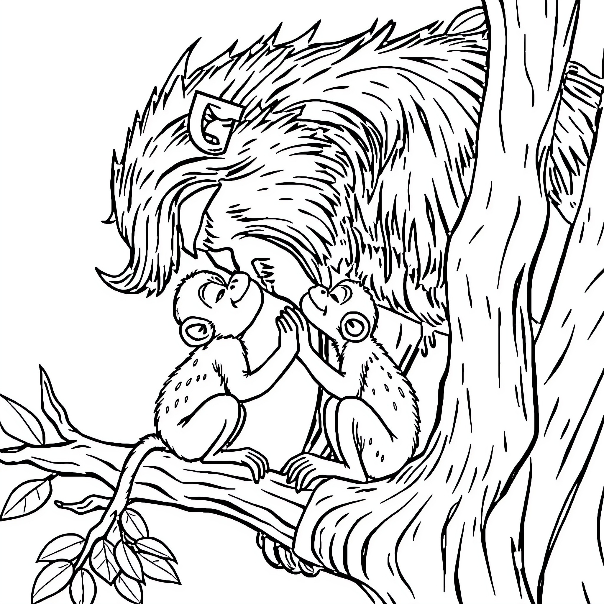 Mr Beast's Tropical Forest Friends Coloring Page (free black-and-white line drawing printable PDF for all, from beginners to advanced learners, including children, teens, adults, and seniors)